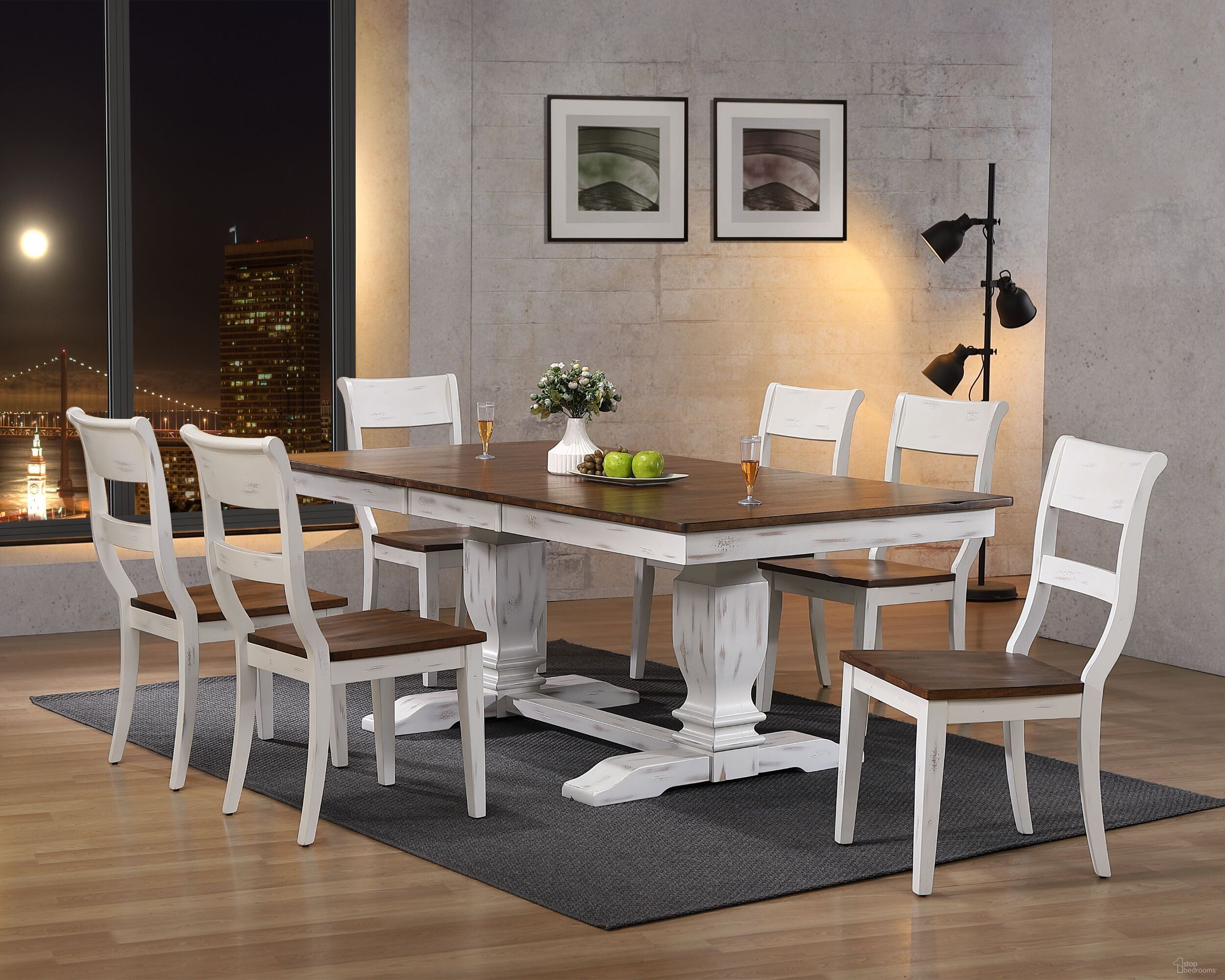 The appearance of Double Transitional Pedestal Dining Side Chair 7-Piece Set In Cocoa Brown and Cotton White designed by Iconic Furniture in the rustic / southwestern interior design. This cocoa brown and cotton white piece of furniture  was selected by 1StopBedrooms from TR Collection to add a touch of cosiness and style into your home. Sku: RT82TRCH61DBNDWT-7PC. Table Base Style: Double Pedestal. Table Top Shape: Rectangular. Material: Rubberwood.