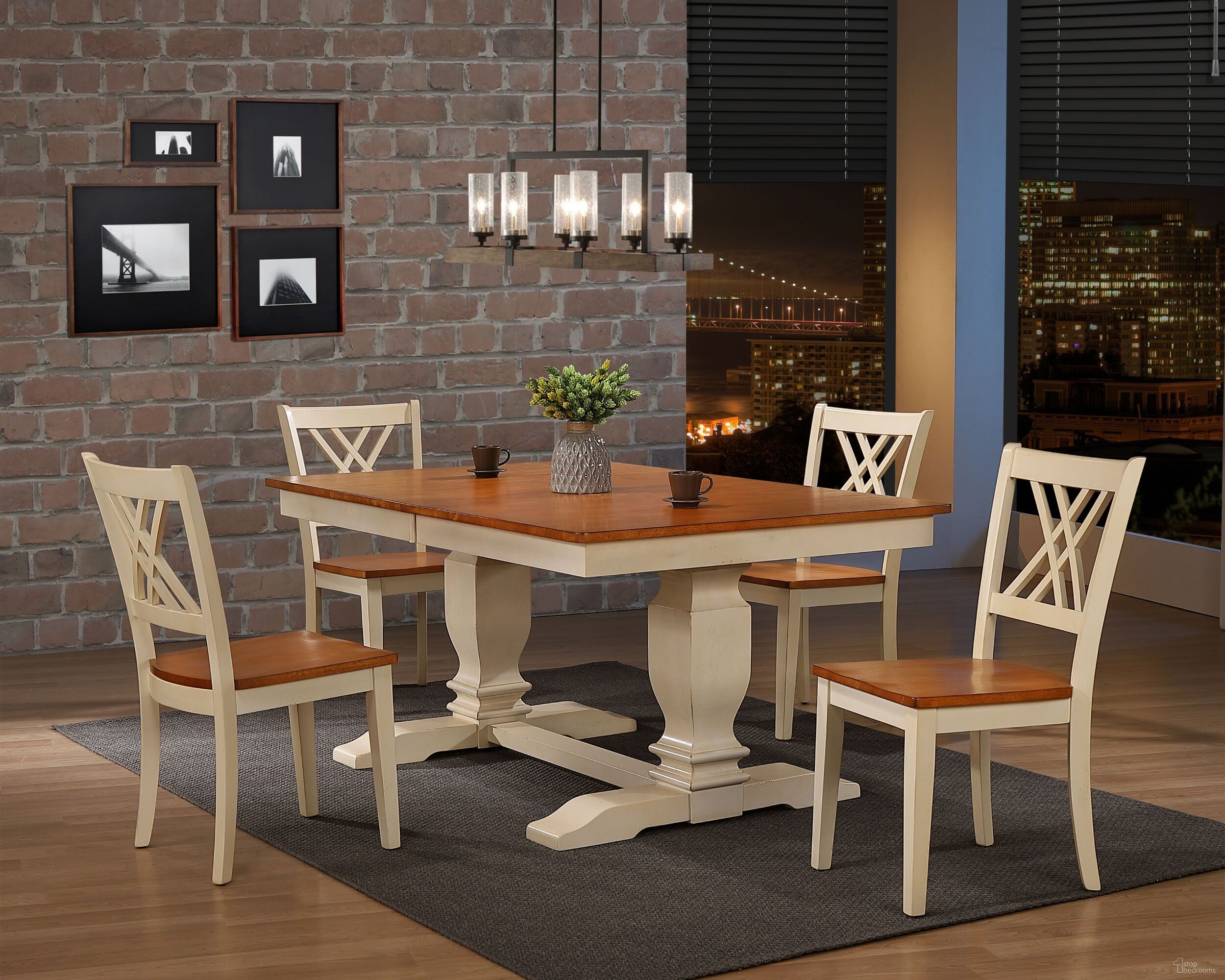 The appearance of Double Transitional Pedestal Double X-Back 5-Piece Dining Set In Caramel and Biscotti designed by Iconic Furniture in the rustic / southwestern interior design. This caramel and biscotti piece of furniture was selected by 1StopBedrooms from TR Collection to add a touch of cosiness and style into your home. Sku: RT82TRCH56CLBI-5PC. Table Base Style: Double Pedestal. Table Top Shape: Rectangular. Material: Rubberwood.