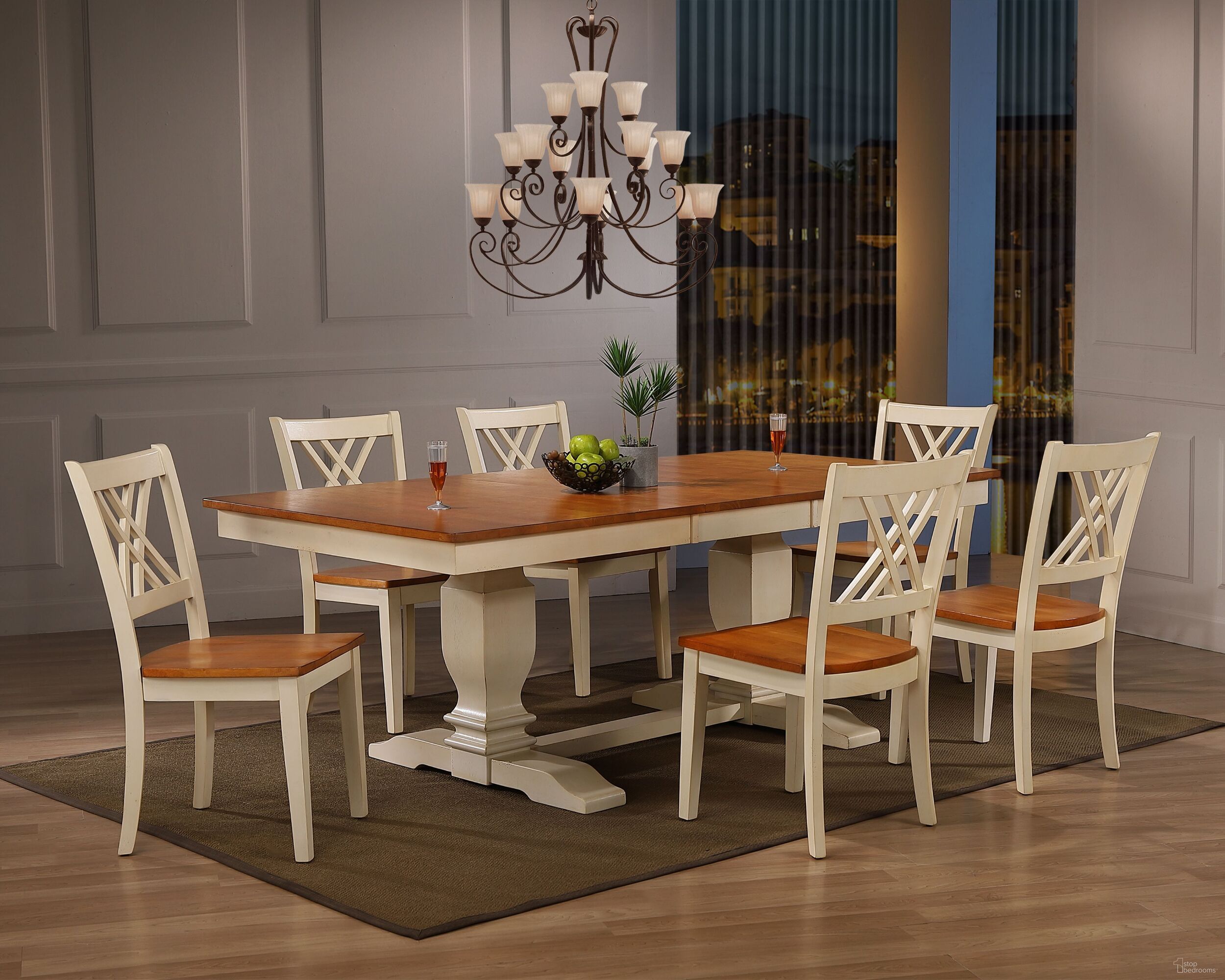 The appearance of Double Transitional Pedestal Double X-Back 7-Piece Dining Set In Caramel and Biscotti designed by Iconic Furniture in the rustic / southwestern interior design. This caramel and biscotti piece of furniture was selected by 1StopBedrooms from TR Collection to add a touch of cosiness and style into your home. Sku: RT82TRCH56CLBI-7PC. Table Base Style: Double Pedestal. Table Top Shape: Rectangular. Material: Rubberwood.