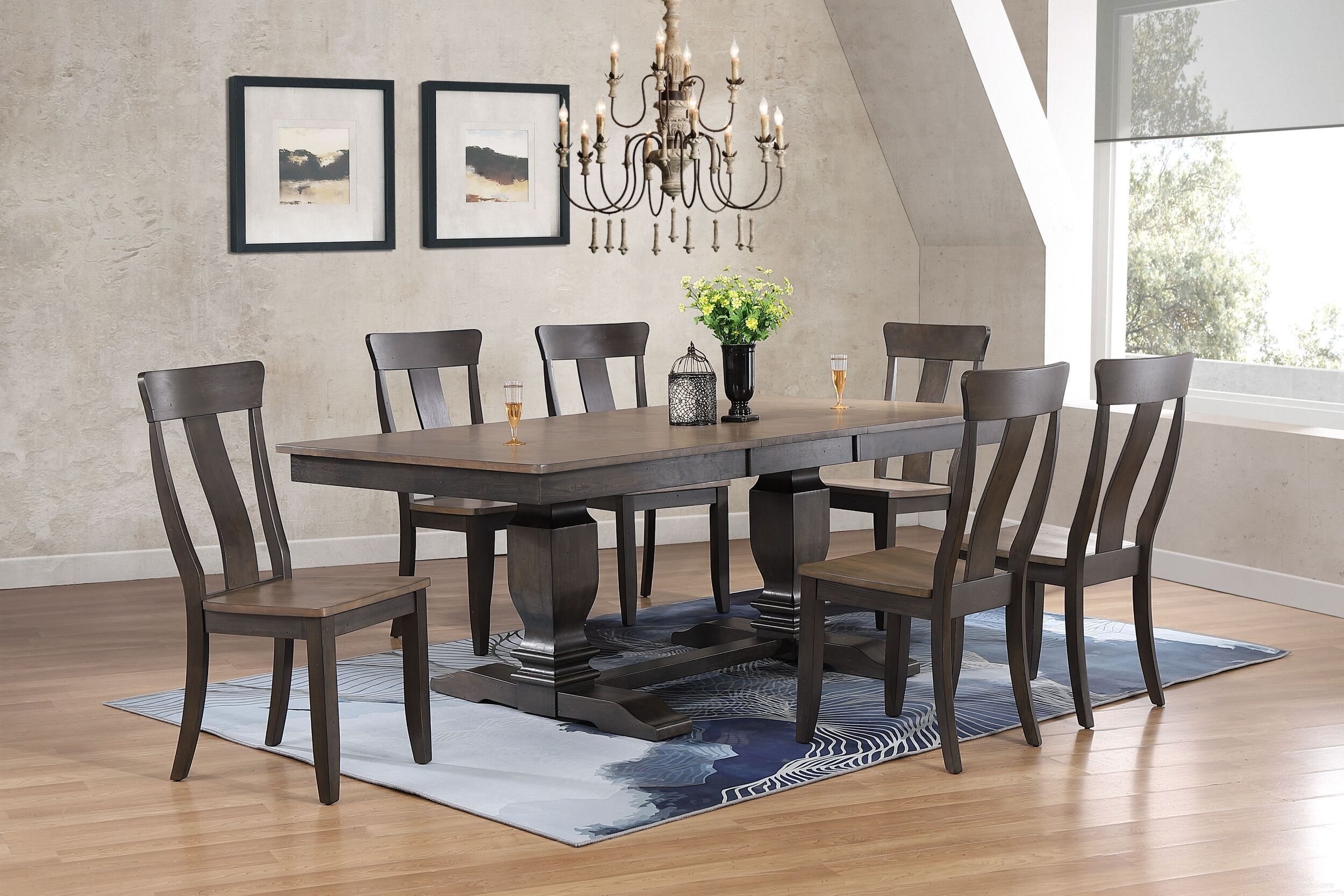 The appearance of Double Transitional Pedestal In Panel Back 7-Piece Dining Set In Grey Stone and Black Stone designed by Iconic Furniture in the rustic / southwestern interior design. This grey stone and black stone piece of furniture was selected by 1StopBedrooms from TR Collection to add a touch of cosiness and style into your home. Sku: RT82TRCH57GRSBKS-5PC. Table Base Style: Double Pedestal. Table Top Shape: Rectangular. Material: Rubberwood.
