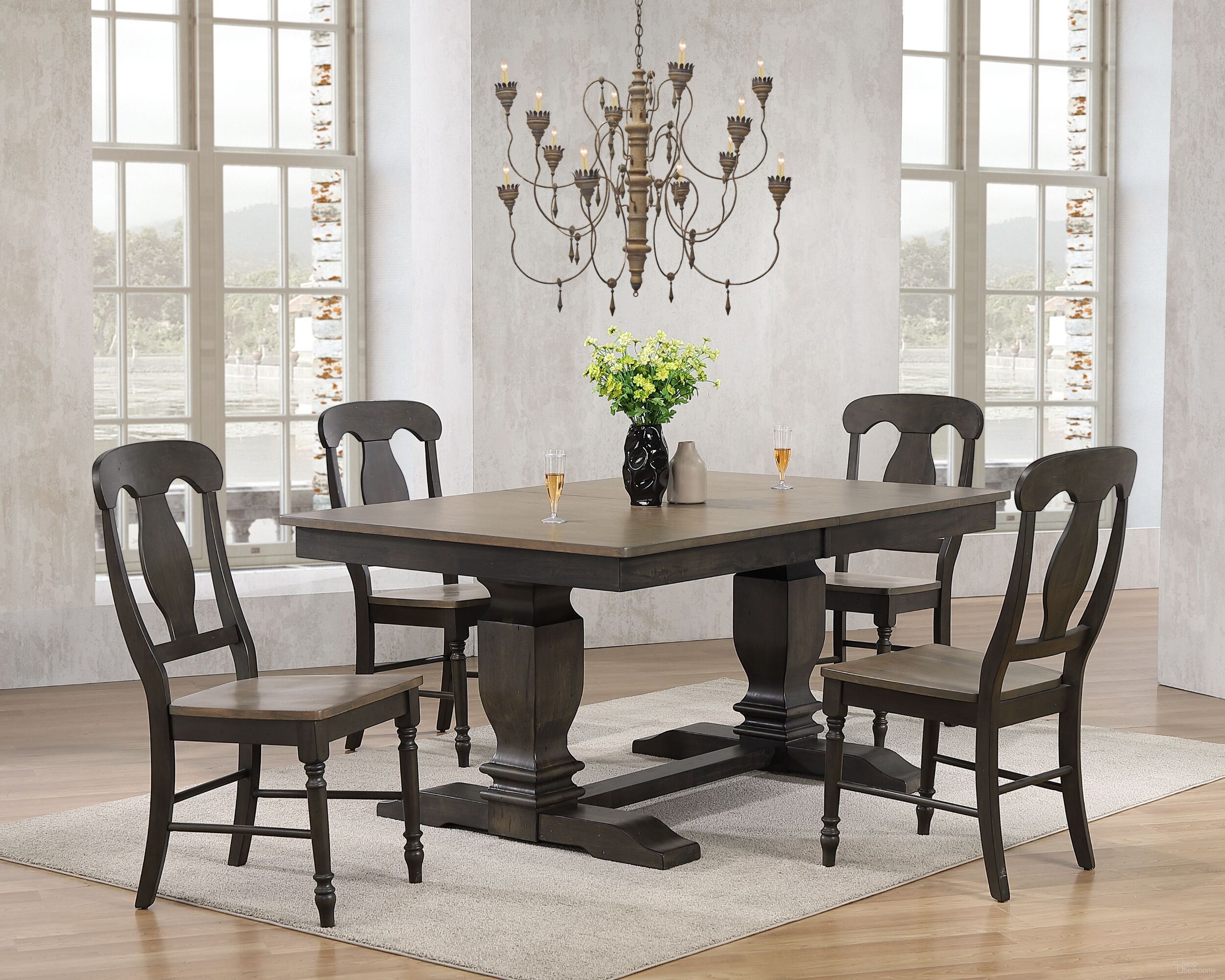 The appearance of Double Transitional Pedestal Napoleon 5-Piece Dining Set In Grey Stone and Black Stone designed by Iconic Furniture in the rustic / southwestern interior design. This grey stone and black stone piece of furniture was selected by 1StopBedrooms from TR Collection to add a touch of cosiness and style into your home. Sku: RT82TRCH56GRSBKS-5PC. Table Base Style: Double Pedestal. Table Top Shape: Rectangular. Material: Rubberwood.