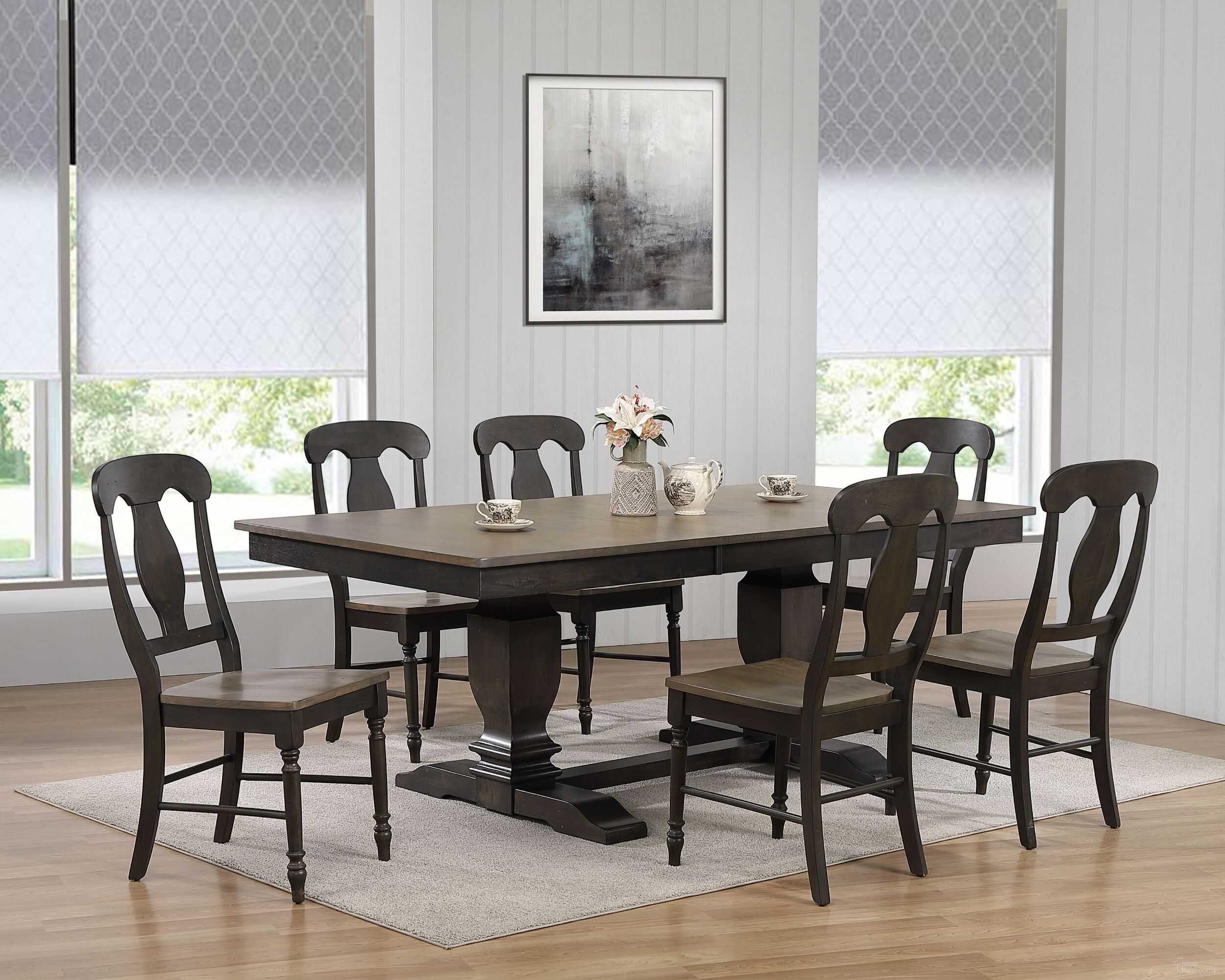 The appearance of Double Transitional Pedestal Napoleon 7-Piece Dining Set In Grey Stone and Black Stone designed by Iconic Furniture in the rustic / southwestern interior design. This grey stone and black stone piece of furniture was selected by 1StopBedrooms from TR Collection to add a touch of cosiness and style into your home. Sku: RT82TRCH56GRSBKS-7PC. Table Base Style: Double Pedestal. Table Top Shape: Rectangular. Material: Rubberwood.