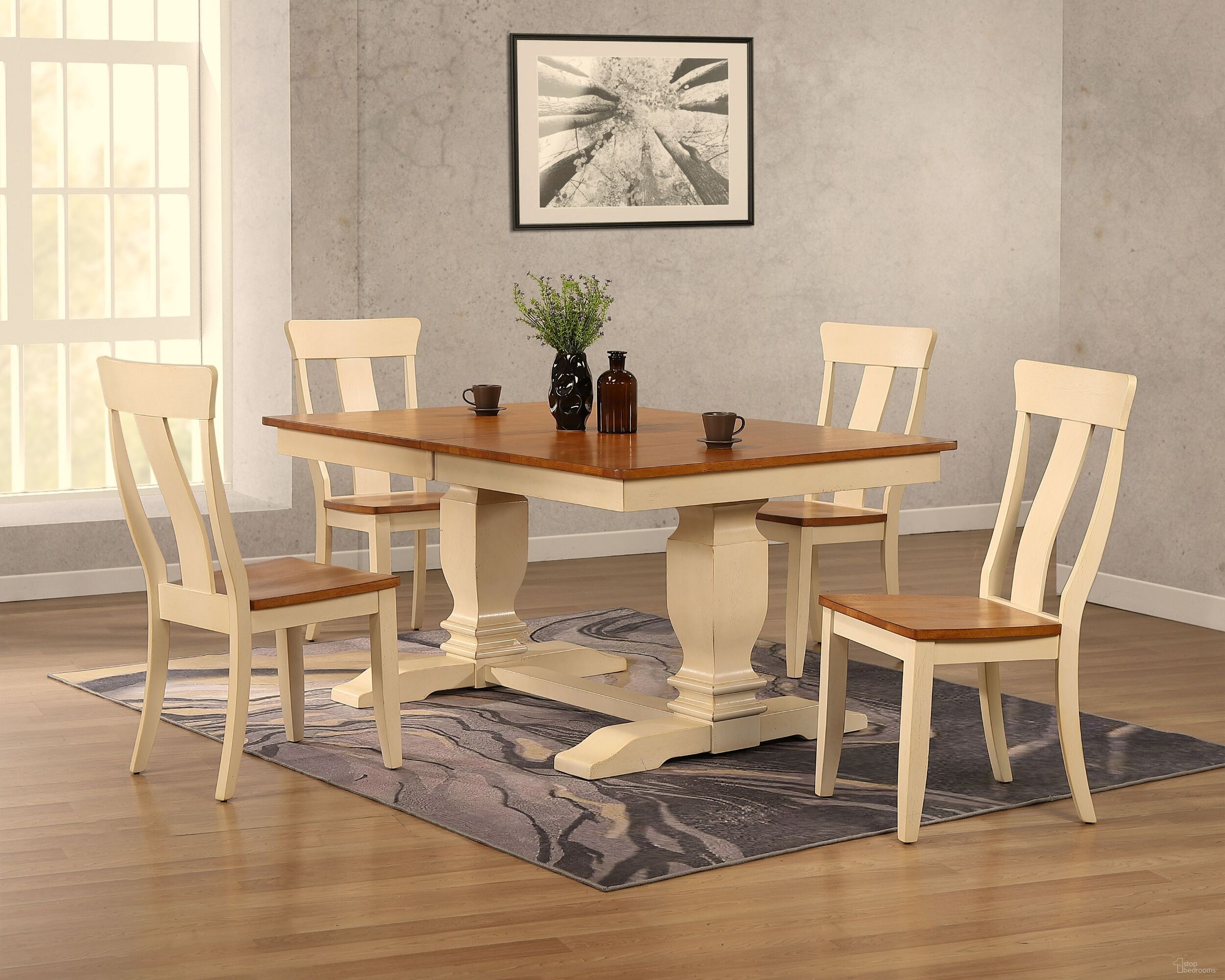 The appearance of Double Transitional Pedestal Panel Back 5-Piece Dining Set In Caramel Biscotti designed by Iconic Furniture in the rustic / southwestern interior design. This caramel biscotti piece of furniture was selected by 1StopBedrooms from TR Collection to add a touch of cosiness and style into your home. Sku: RT82TRCH57CLBI-5PC. Table Base Style: Double Pedestal. Table Top Shape: Rectangular. Material: Rubberwood.