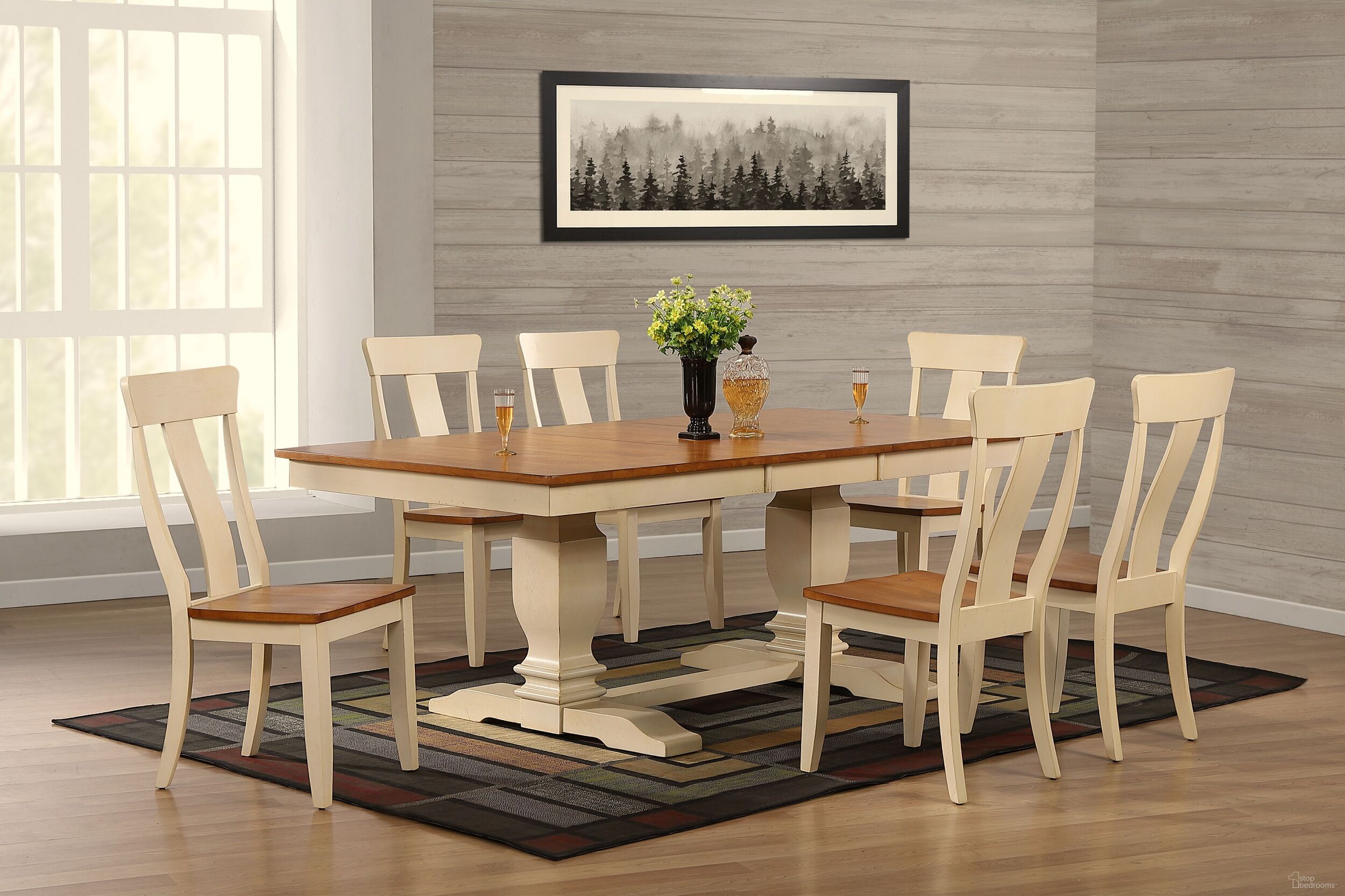 The appearance of Double Transitional Pedestal Panel Back 7-Piece Dining Set In Caramel Biscotti designed by Iconic Furniture in the rustic / southwestern interior design. This caramel biscotti piece of furniture was selected by 1StopBedrooms from TR Collection to add a touch of cosiness and style into your home. Sku: RT82TRCH57CLBI-7PC. Table Base Style: Double Pedestal. Table Top Shape: Rectangular. Material: Rubberwood.