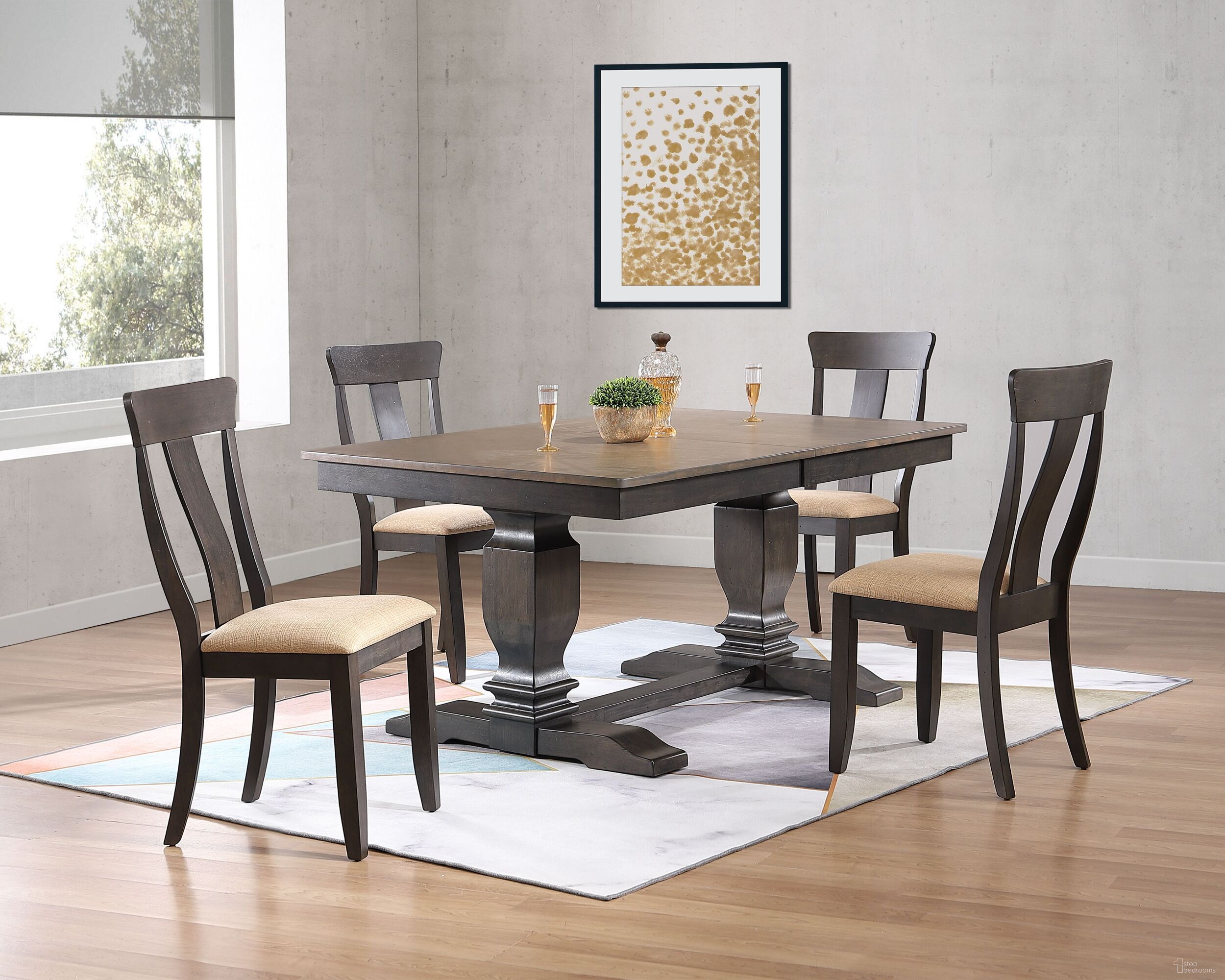 The appearance of Double Transitional Pedestal Upholstered Panel Back 5-Piece Dining Set In Grey Stone and Black Stone designed by Iconic Furniture in the rustic / southwestern interior design. This grey stone and black stone piece of furniture  was selected by 1StopBedrooms from TR Collection to add a touch of cosiness and style into your home. Sku: RT82TRCH57U97SBKS-5PC. Table Base Style: Double Pedestal. Table Top Shape: Rectangular. Material: Rubberwood.