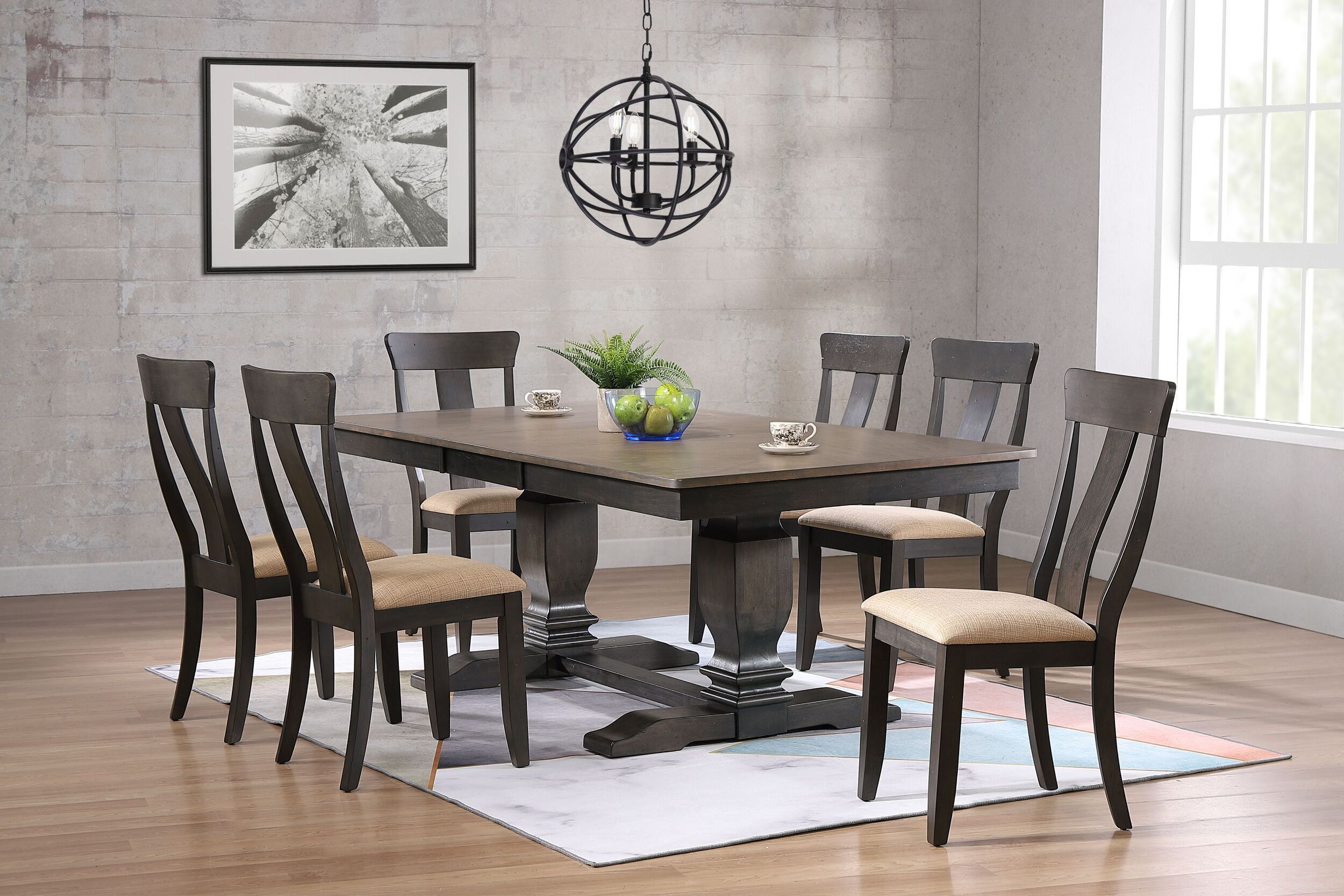 The appearance of Double Transitional Pedestal Upholstered Panel Back 7-Piece Dining Set In Grey Stone and Black Stone designed by Iconic Furniture in the rustic / southwestern interior design. This grey stone and black stone piece of furniture was selected by 1StopBedrooms from TR Collection to add a touch of cosiness and style into your home. Sku: RT82TRCH57U97SBKS-7PC. Table Base Style: Double Pedestal. Table Top Shape: Rectangular. Material: Rubberwood.