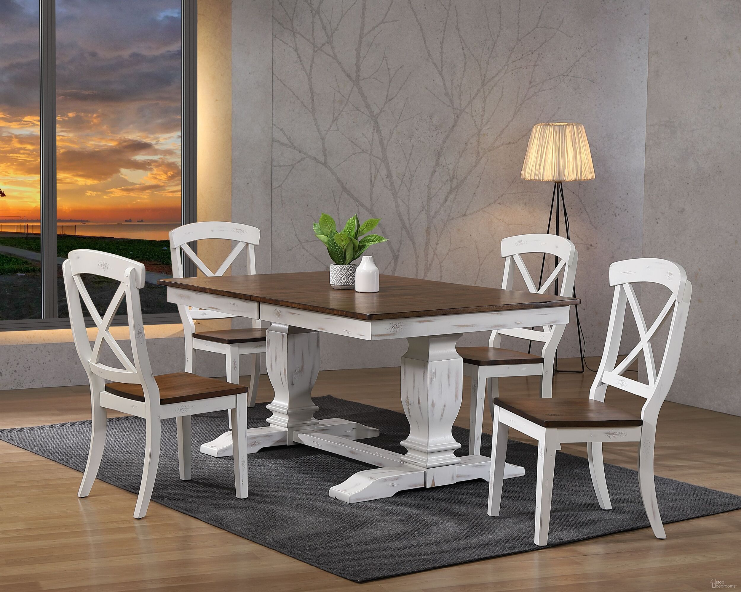 The appearance of Double Transitional Pedestal X-Back 5-Piece Dining Set In Cocoa Brown and Cotton White designed by Iconic Furniture in the rustic / southwestern interior design. This cocoa brown and cotton white piece of furniture was selected by 1StopBedrooms from TR Collection to add a touch of cosiness and style into your home. Sku: RT82TRCH60DBNDWT-5PC. Table Base Style: Double Pedestal. Table Top Shape: Rectangular. Material: Rubberwood.