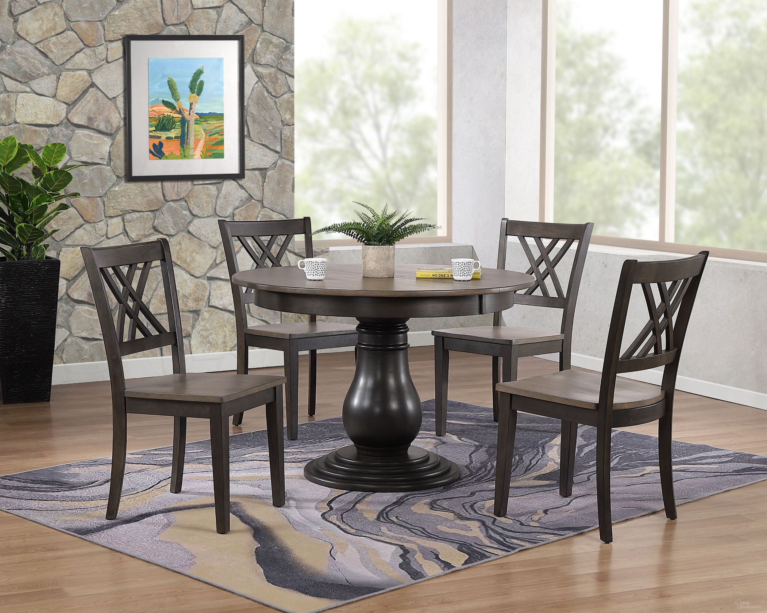 The appearance of Double X-Back 5-Piece Bella Dining Set In Grey Stone and Black Stone designed by Iconic Furniture in the transitional interior design. This grey stone and black stone piece of furniture was selected by 1StopBedrooms from Bella Collection to add a touch of cosiness and style into your home. Sku: RD45BELCH56GRSBKS-5PC. Table Base Style: Pedestal. Table Top Shape: Round. Material: Rubberwood.