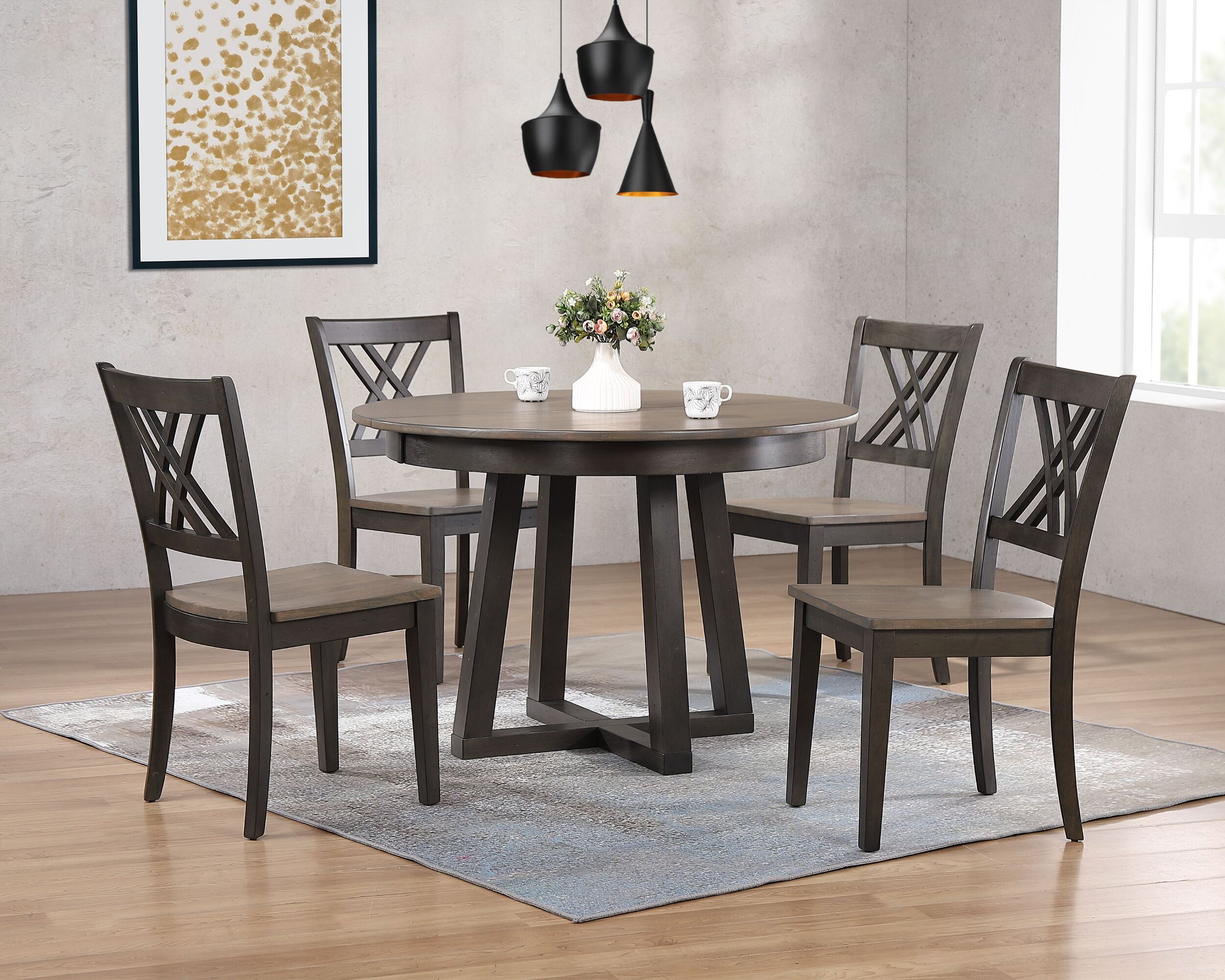 The appearance of Double X-Back 5-Piece Cross Pedestal Dining Set In Grey Stone and Black Stone designed by Iconic Furniture in the transitional interior design. This grey stone and black stone piece of furniture  was selected by 1StopBedrooms from Cross Base Collection to add a touch of cosiness and style into your home. Sku: RD45CRSCH56GRSBKS-5PC. Table Base Style: Pedestal. Table Top Shape: Round. Material: Rubberwood.