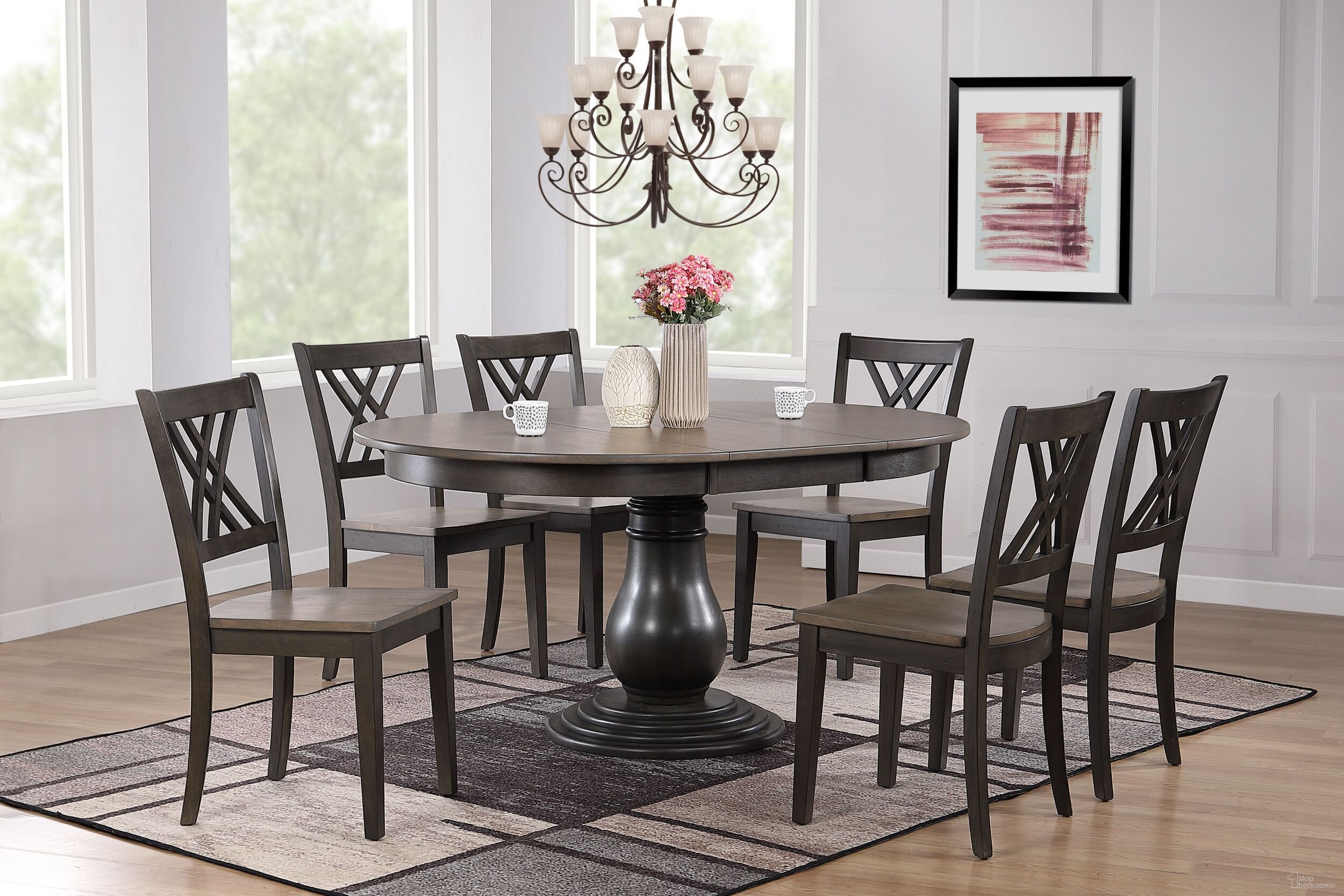 The appearance of Double X-Back 7-Piece Bella Dining Set In Grey Stone and Black Stone designed by Iconic Furniture in the transitional interior design. This grey stone and black stone piece of furniture was selected by 1StopBedrooms from Bella Collection to add a touch of cosiness and style into your home. Sku: RD45BELCH56GRSBKS-7PC. Table Base Style: Pedestal. Table Top Shape: Round. Material: Rubberwood.