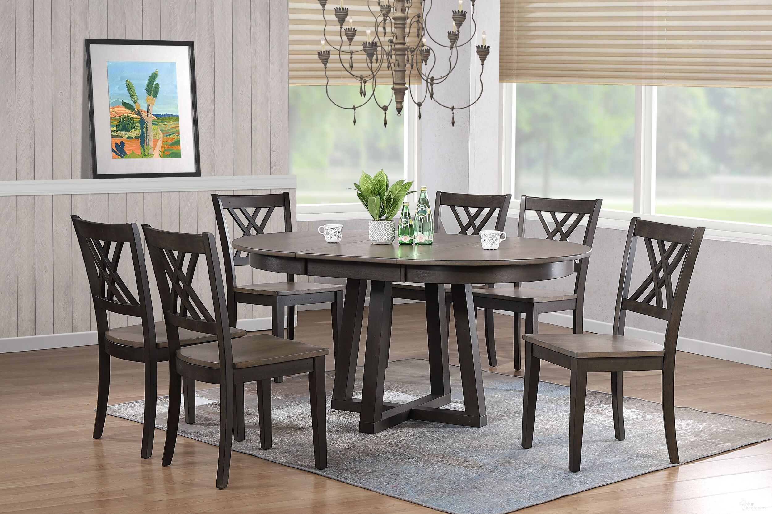 The appearance of Double X-Back 7-Piece Cross Pedestal Dining Set In Grey Stone and Black Stone designed by Iconic Furniture in the transitional interior design. This grey stone and black stone piece of furniture  was selected by 1StopBedrooms from Cross Base Collection to add a touch of cosiness and style into your home. Sku: RD45CRSCH56GRSBKS-7PC. Table Base Style: Pedestal. Table Top Shape: Round. Material: Rubberwood.