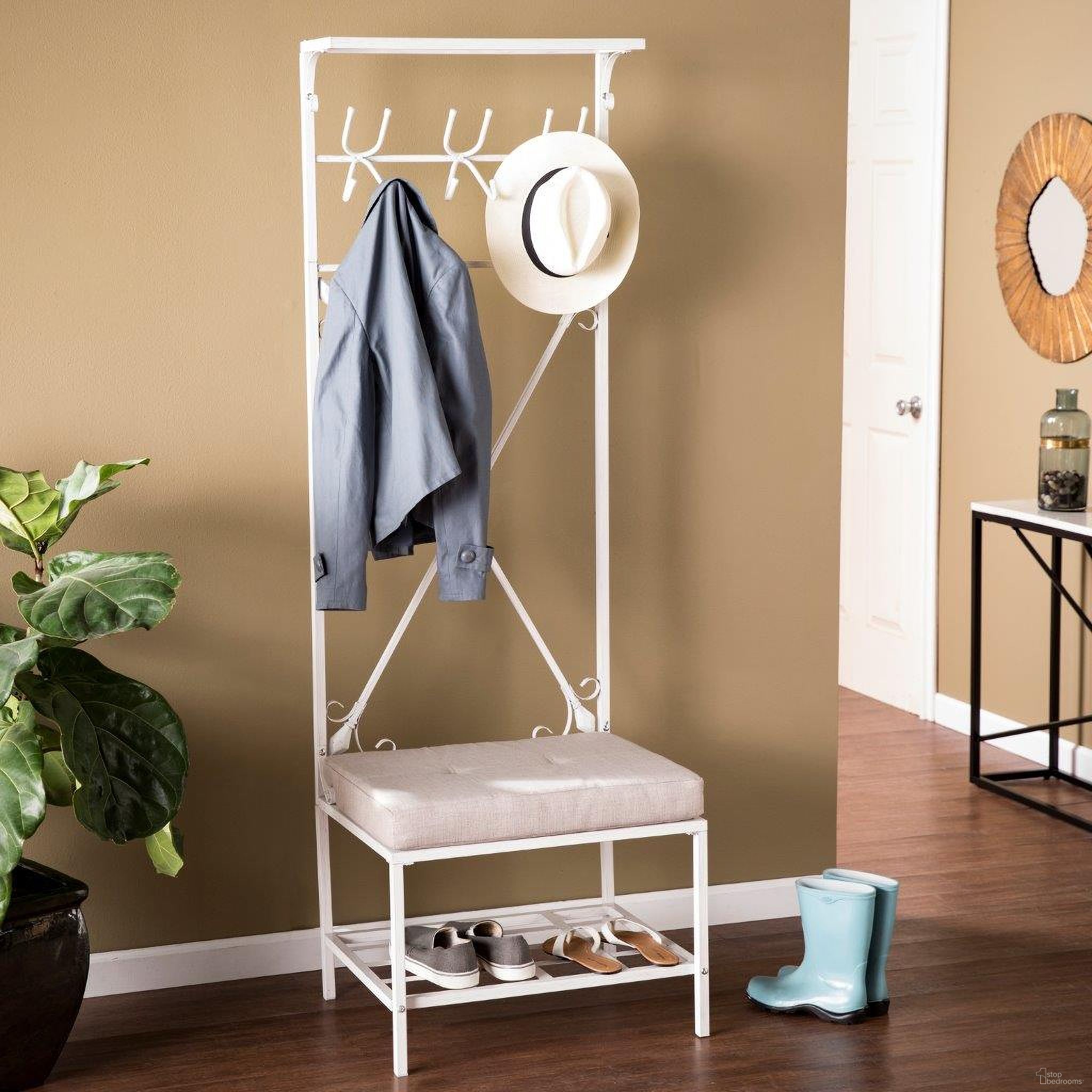 The appearance of Dovanti Entryway Hall Tree Bench With Storage In Distressed White designed by SEI Furniture in the traditional interior design. This distressed white piece of furniture  was selected by 1StopBedrooms from Dovanti Collection to add a touch of cosiness and style into your home. Sku: HE3193. Material: Fabric.