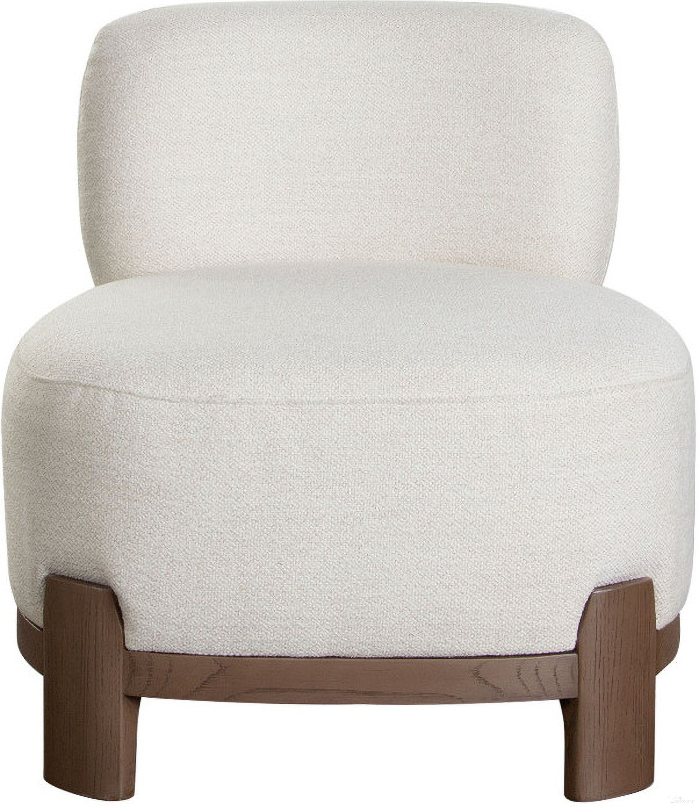 The appearance of Dove Armless Accent Chair In Cream Polyester Fabric with Wood Trim designed by Diamond Sofa in the modern / contemporary interior design. This cream piece of furniture  was selected by 1StopBedrooms from Dove Collection to add a touch of cosiness and style into your home. Sku: DOVECHCM. Material: Fabric.