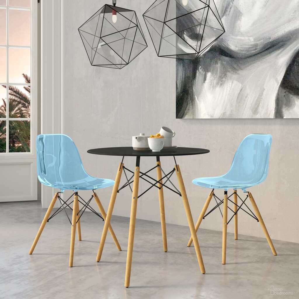 The appearance of Dover 3-Piece Dining Set with Round Black Mdf Top Bistro Table and 2 Plastic Chairs In Blue designed by LeisureMod in the modern / contemporary interior design. This blue piece of furniture was selected by 1StopBedrooms from Dover Collection to add a touch of cosiness and style into your home. Sku: EP31BL-EP19BU2. Material: MDF.