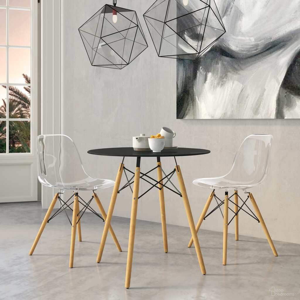 The appearance of Dover 3-Piece Dining Set with Round Black Mdf Top Bistro Table and 2 Plastic Chairs In Clear designed by LeisureMod in the modern / contemporary interior design. This clear piece of furniture was selected by 1StopBedrooms from Dover Collection to add a touch of cosiness and style into your home. Sku: EP31BL-EP19CL2. Material: MDF.