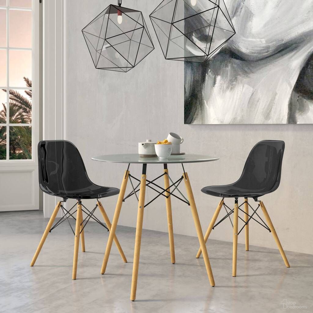 The appearance of Dover 3-Piece Dining Set with Round Clear Glass Top Bistro Table and 2 Plastic Chairs In Black designed by LeisureMod in the modern / contemporary interior design. This black piece of furniture was selected by 1StopBedrooms from Dover Collection to add a touch of cosiness and style into your home. Sku: EP31CL-EP19BL2. Material: Glass.