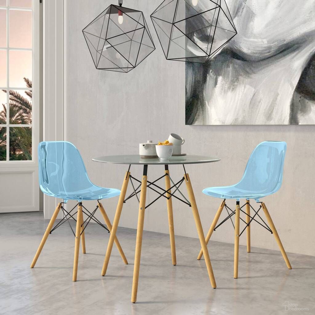 The appearance of Dover 3-Piece Dining Set with Round Clear Glass Top Bistro Table and 2 Plastic Chairs In Blue designed by LeisureMod in the modern / contemporary interior design. This blue piece of furniture was selected by 1StopBedrooms from Dover Collection to add a touch of cosiness and style into your home. Sku: EP31CL-EP19BU2. Material: Glass.