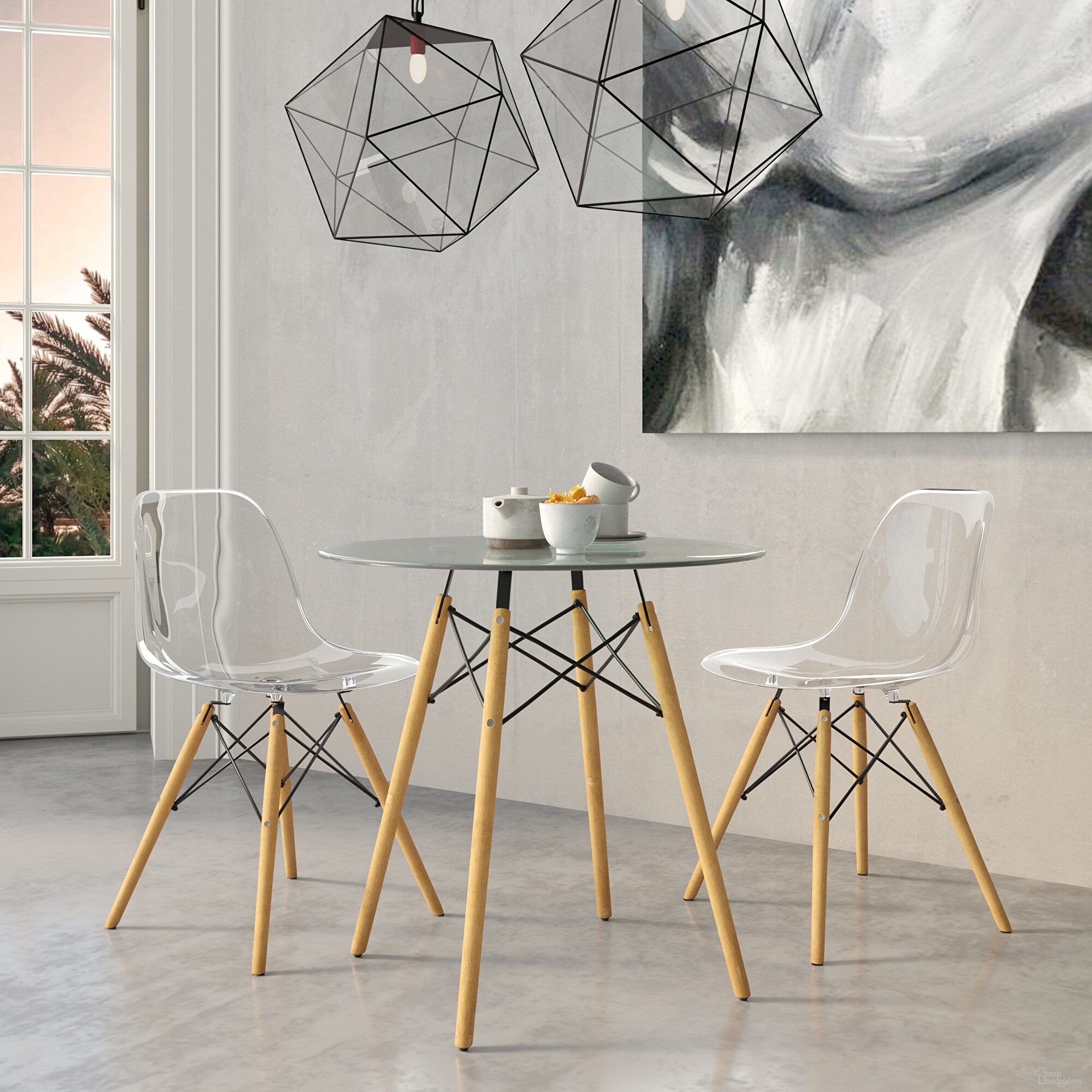The appearance of Dover Clear Bistro Dining Set In Clear designed by LeisureMod in the modern / contemporary interior design. This clear piece of furniture was selected by 1StopBedrooms from Dover Collection to add a touch of cosiness and style into your home. Sku: EP31CLTR;EP19CL. Table Base Style: Legs. Table Top Shape: Round. Material: Glass. Size: 30".
