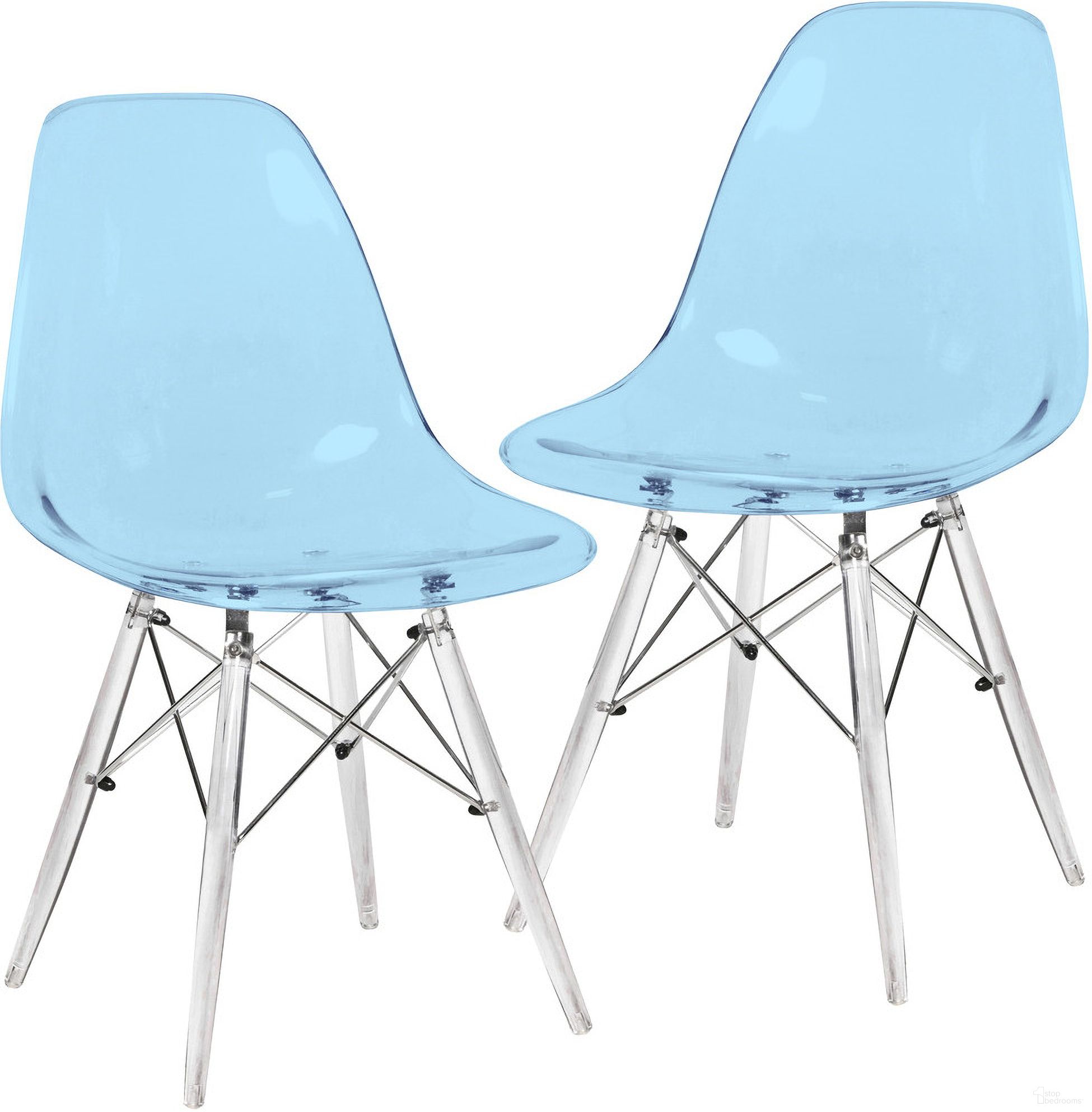 The appearance of Dover Molded Side Chair Set of 2 In Transparent Blue designed by LeisureMod in the modern / contemporary interior design. This transparent blue piece of furniture was selected by 1StopBedrooms from Dover Collection to add a touch of cosiness and style into your home. Sku: EPC19TBU2. Material: Plastic. Chair Type: Side Chair.