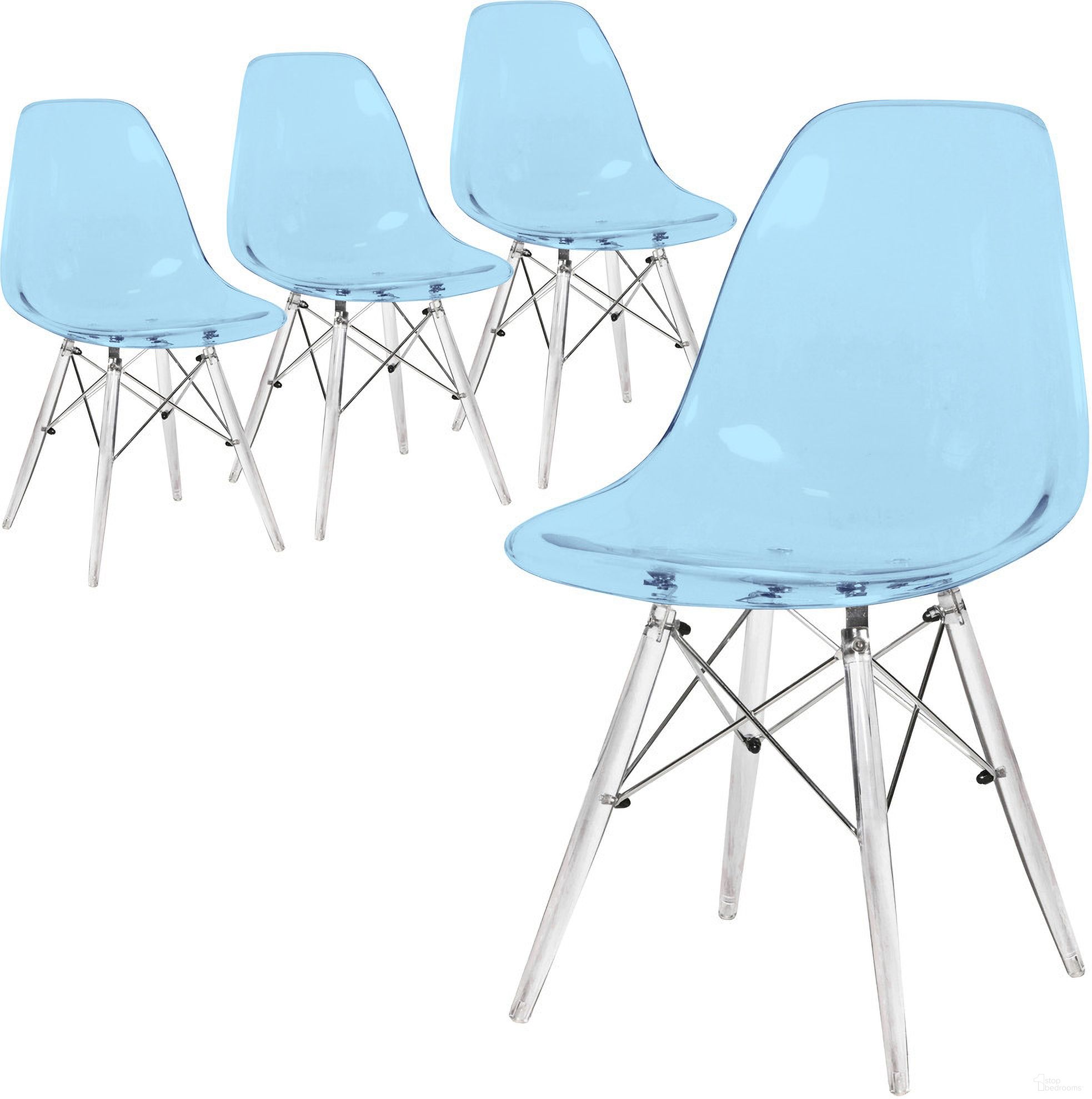 The appearance of Dover Molded Side Chair Set of 4 In Transparent Blue designed by LeisureMod in the modern / contemporary interior design. This transparent blue piece of furniture was selected by 1StopBedrooms from Dover Collection to add a touch of cosiness and style into your home. Sku: EPC19TBU4. Material: Plastic. Chair Type: Side Chair.