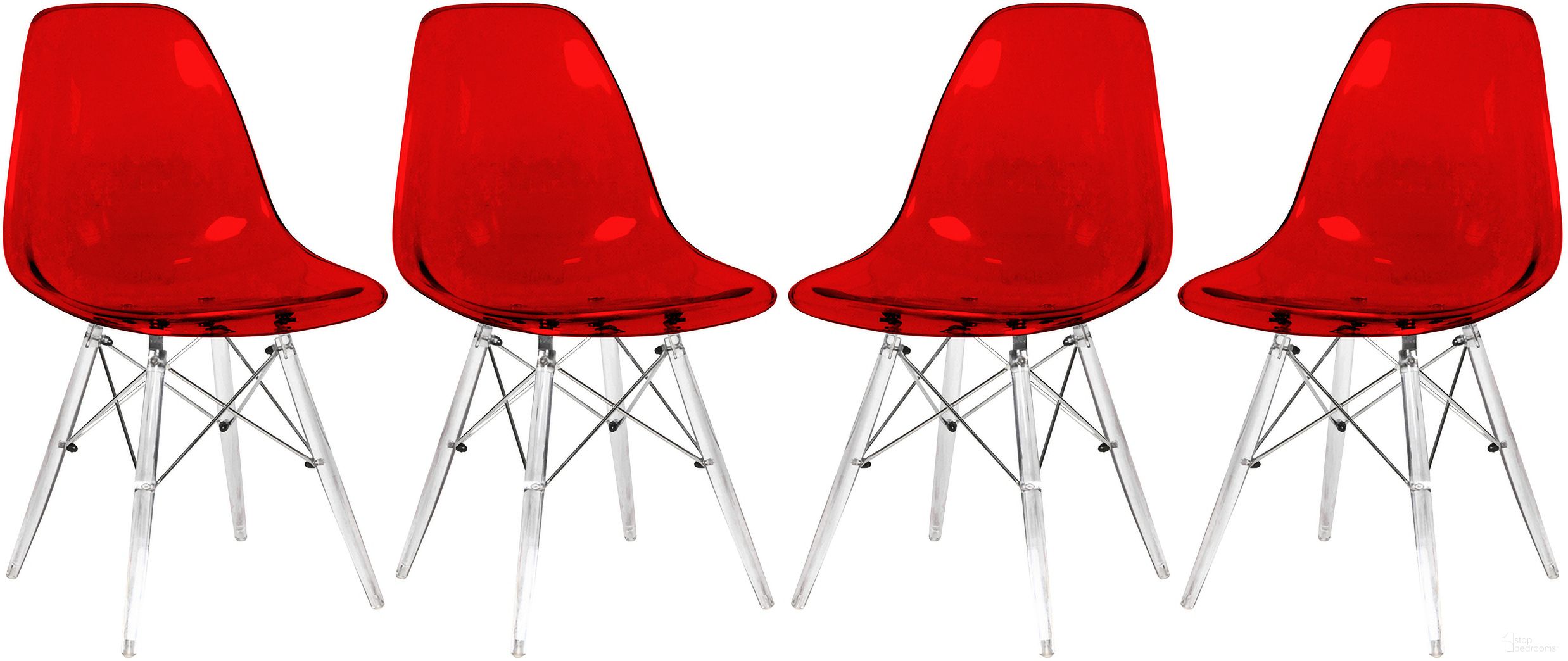 The appearance of Dover Molded Side Chair Set of 4 In Transparent Red designed by LeisureMod in the modern / contemporary interior design. This transparent red piece of furniture  was selected by 1StopBedrooms from Dover Collection to add a touch of cosiness and style into your home. Sku: EPC19TR4. Material: Plastic. Chair Type: Side Chair.