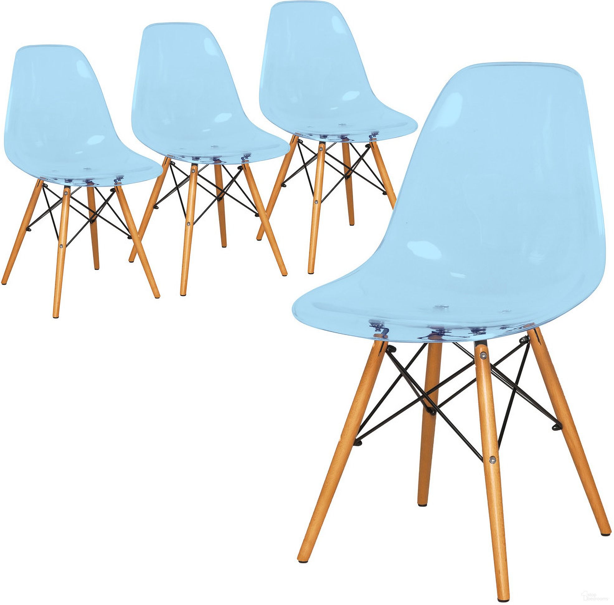 The appearance of Dover Plastic Molded Dining Side Chair Set of 4 In Transparent Blue designed by LeisureMod in the modern / contemporary interior design. This transparent blue piece of furniture was selected by 1StopBedrooms from Dover Collection to add a touch of cosiness and style into your home. Sku: EP19TBU4. Material: Plastic. Chair Type: Side Chair.