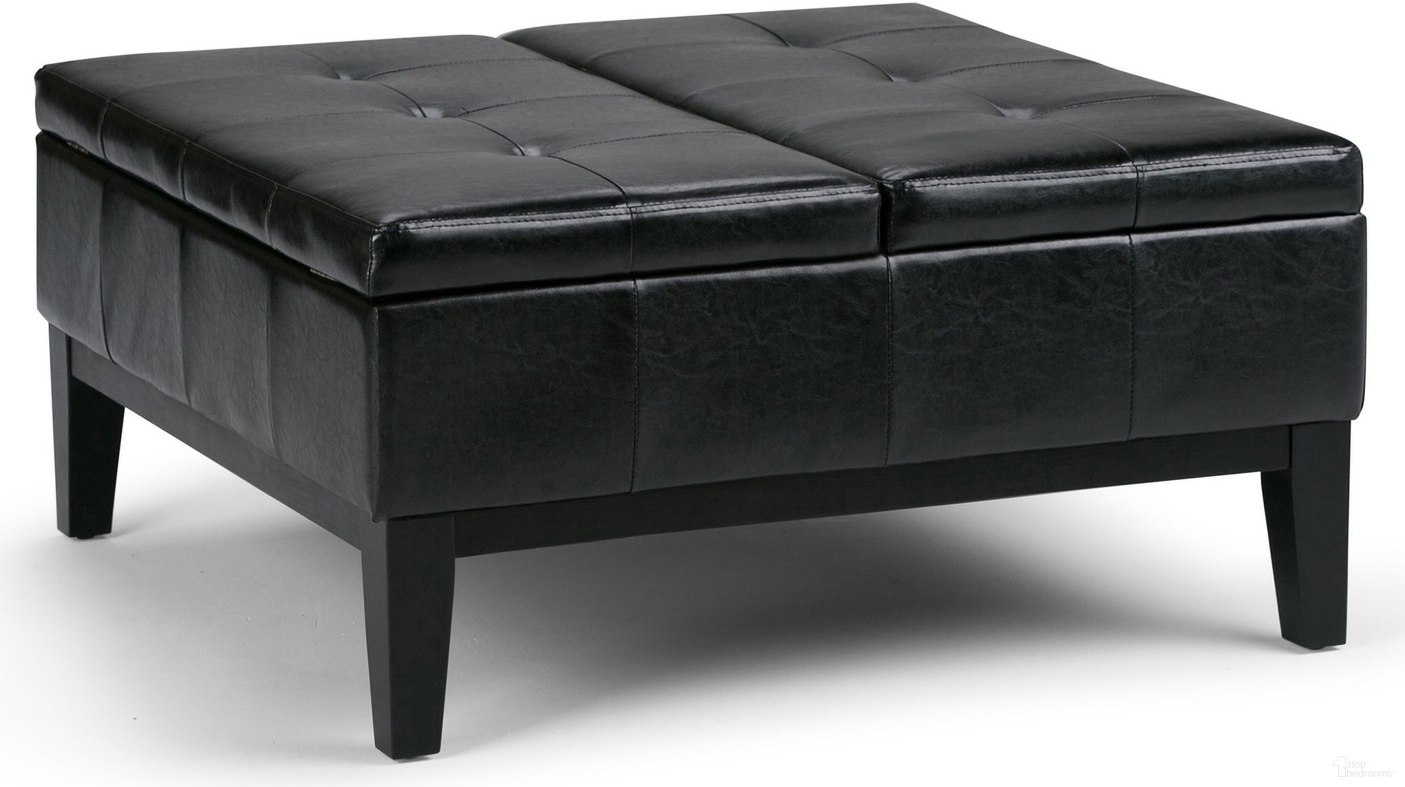 The appearance of Dover Vegan Faux Leather Square Coffee Table Storage Ottoman In Midnight Black designed by Simpli Home in the modern / contemporary interior design. This midnight black piece of furniture was selected by 1StopBedrooms from Dover Collection to add a touch of cosiness and style into your home. Sku: AXCOT-235-BL. Material: Faux Leather.