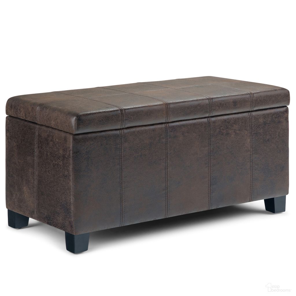 The appearance of Dover Vegan Faux Leather Storage Ottoman Bench In Distressed Brown designed by Simpli Home in the modern / contemporary interior design. This distressed brown piece of furniture was selected by 1StopBedrooms from Dover Collection to add a touch of cosiness and style into your home. Sku: AXCOT-223-DBR. Material: Faux Leather.