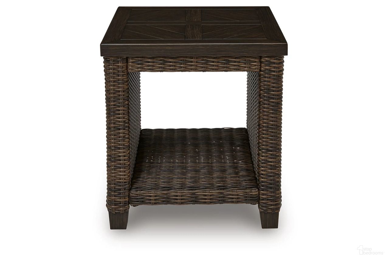 The appearance of Drakes Beach Outdoor End Table In Dark Brown designed by Signature Design by Ashley in the transitional interior design. This dark brown piece of furniture was selected by 1StopBedrooms from Drakes Beach Collection to add a touch of cosiness and style into your home. Sku: P760-702. Material: Aluminium.