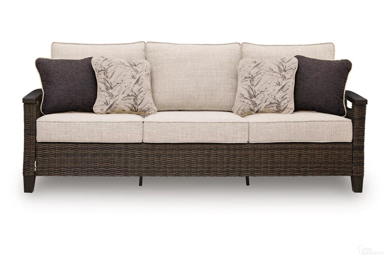 The appearance of Drakes Beach Outdoor Sofa with Cushion In Dark Brown designed by Signature Design by Ashley in the transitional interior design. This dark brown piece of furniture was selected by 1StopBedrooms from Drakes Beach Collection to add a touch of cosiness and style into your home. Sku: P760-838. Material: Fabric.