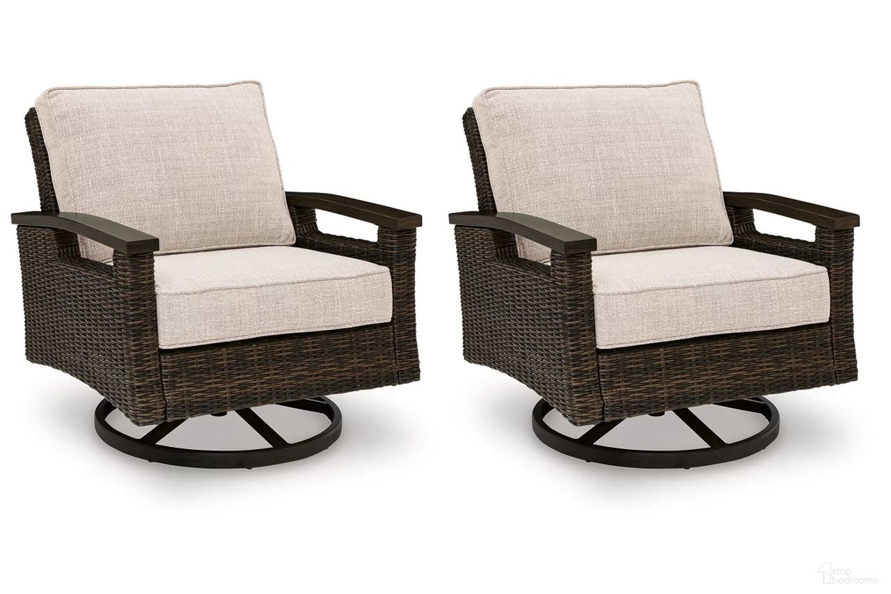 The appearance of Drakes Beach Outdoor Swivel Lounge Chair Set of 2 In Dark Brown designed by Signature Design by Ashley in the transitional interior design. This dark brown piece of furniture was selected by 1StopBedrooms from Drakes Beach Collection to add a touch of cosiness and style into your home. Sku: P760-821. Material: Aluminium.