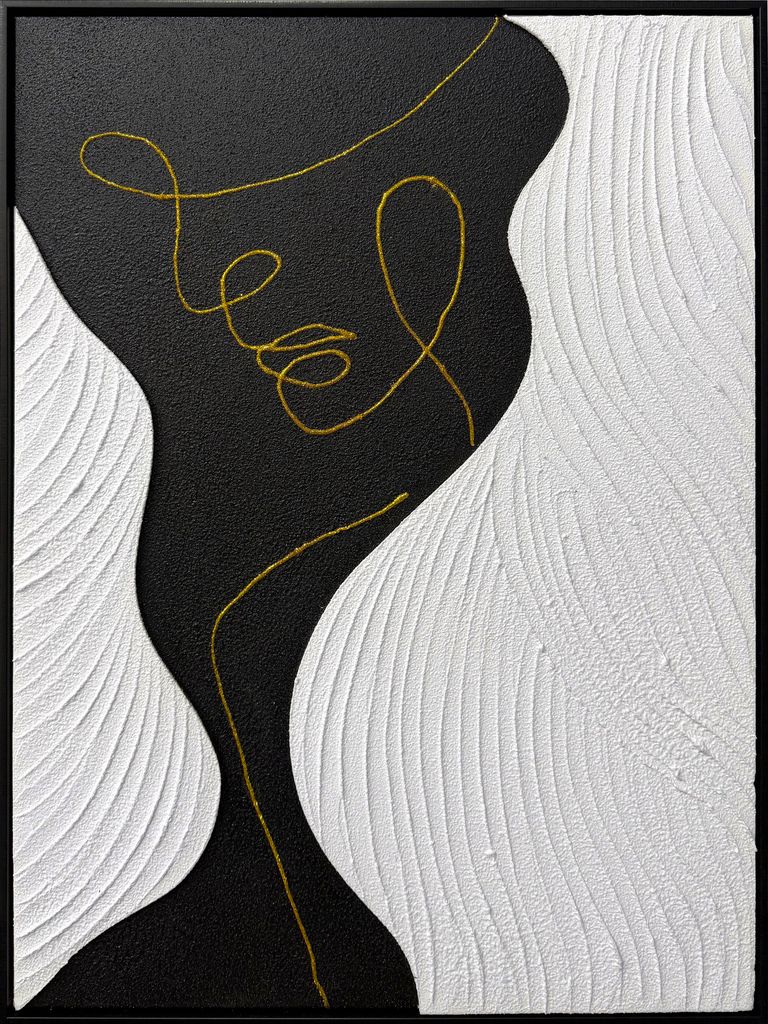 Dramatic Contour Muse I - 32" x 24" - Hand-Painted Canvas In Black/Gold/White