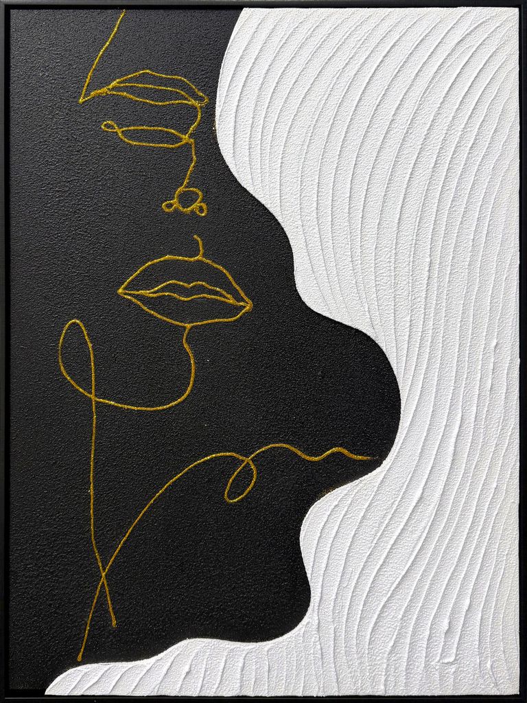 Dramatic Contour Muse II - 32" x 24" - Hand-Painted Canvas In Black/Gold/White