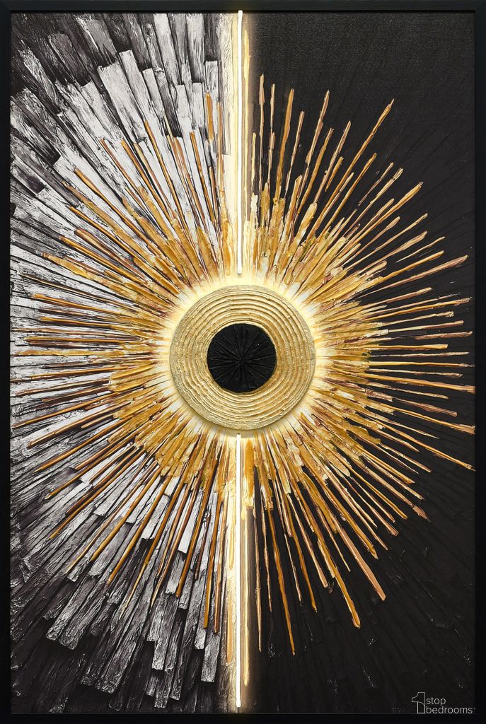 Dramatic Solar Divide I - 48" x 33" - Hand-Embellished LED Canvas In Black/Gold/White
