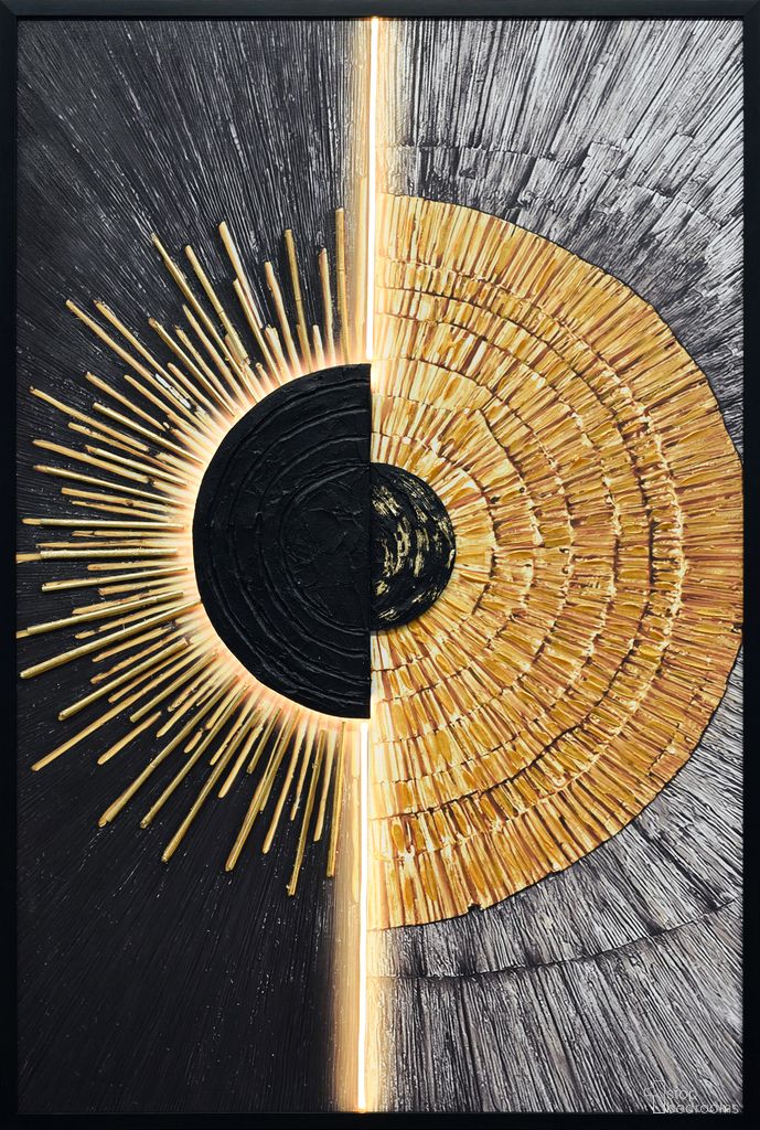 Dramatic Solar Divide II - 48" x 33" - Hand-Embellished LED Canvas In Black Silver and Gold