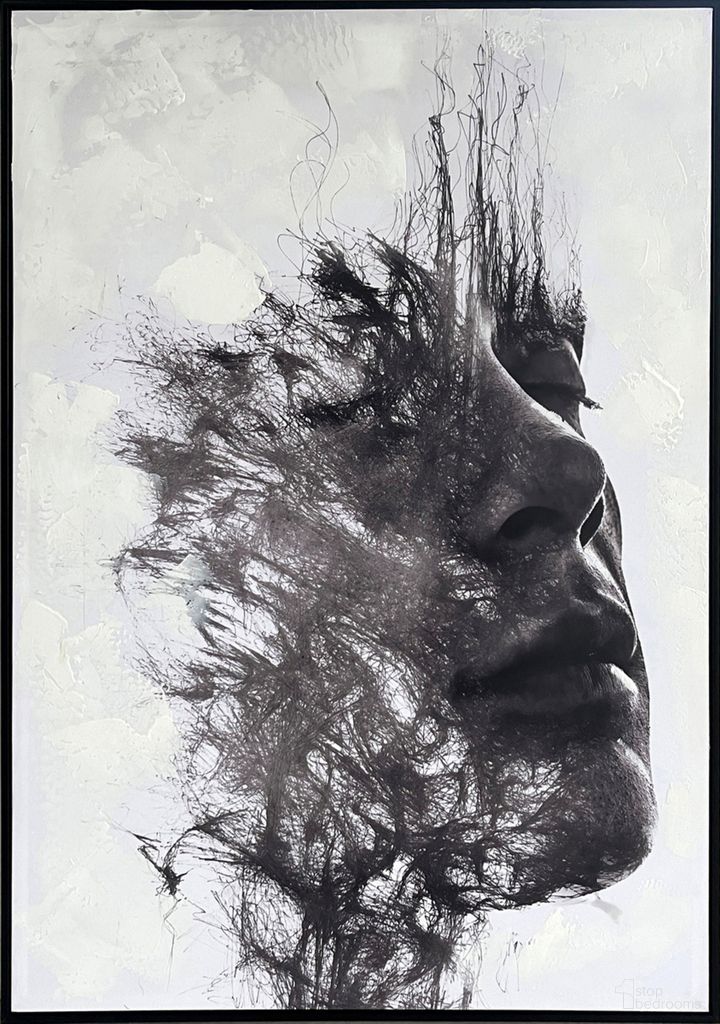 Dramatic Veiled Reverie - 40" x 28" - Hand-Embellished Canvas In Black/White/Gray