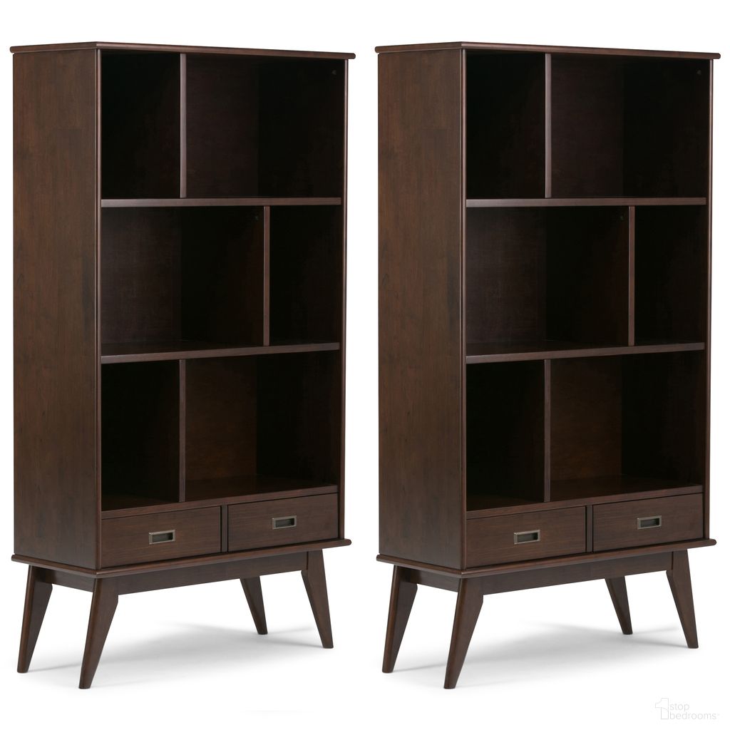 The appearance of Draper 35 Inch 6 Cubbie Bookcase Set of 2 In Medium Auburn Brown designed by Simpli Home in the transitional interior design. This medium auburn brown piece of furniture was selected by 1StopBedrooms from Draper Collection to add a touch of cosiness and style into your home. Sku: DRS235B001MAB. Material: Rubberwood.