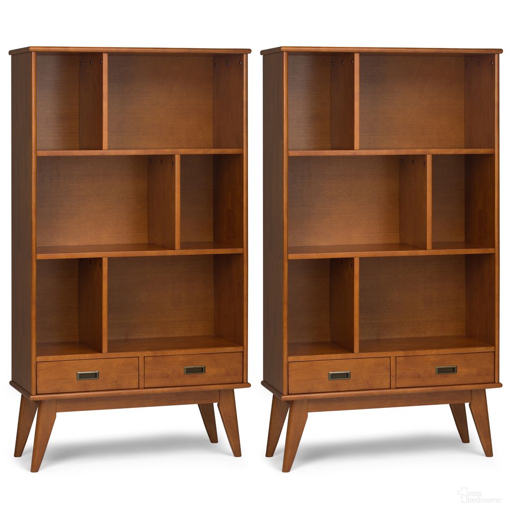 The appearance of Draper 35 Inch 6 Cubbie Bookcase Set of 2 In Teak Brown designed by Simpli Home in the transitional interior design. This teak brown piece of furniture was selected by 1StopBedrooms from Draper Collection to add a touch of cosiness and style into your home. Sku: DRS235B001TK. Material: Rubberwood.