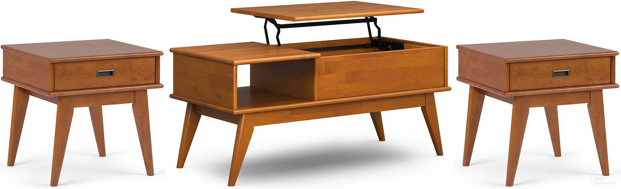 The appearance of Draper Solid Hardwood 48 Inch Coffee Table with 22 Inch End Tables Set of 3 In Teak Brown designed by Simpli Home in the transitional interior design. This teak brown piece of furniture was selected by 1StopBedrooms from Draper Collection to add a touch of cosiness and style into your home. Sku: DRLIV001TK. Material: Rubberwood.