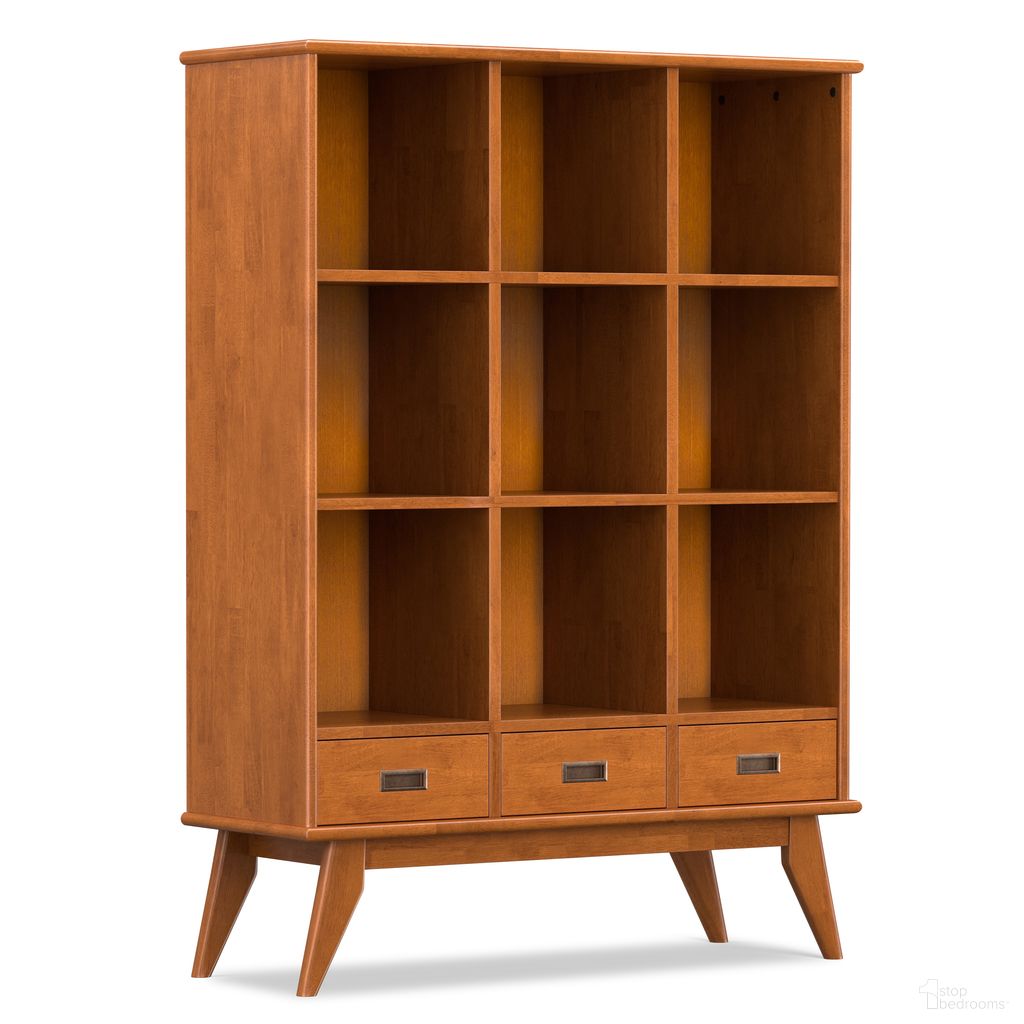 The appearance of Draper Solid Hardwood 9 Cube Storage Bookcase with Drawers In Teak Brown designed by Simpli Home in the transitional interior design. This teak brown piece of furniture was selected by 1StopBedrooms from Draper Collection to add a touch of cosiness and style into your home. Sku: AXCDRP-42C-TK. Material: Rubberwood.