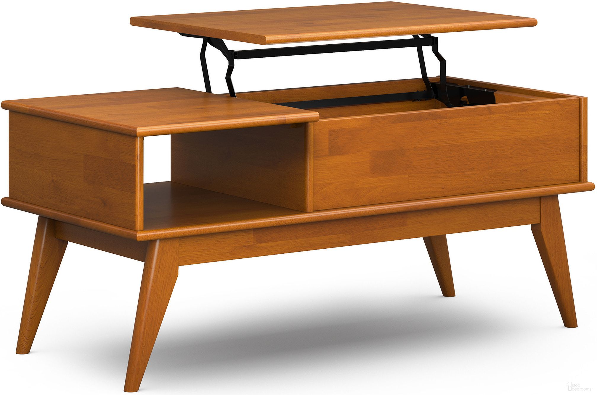 The appearance of Draper Solid Hardwood Lift Top Coffee Table In Teak Brown designed by Simpli Home in the transitional interior design. This teak brown piece of furniture was selected by 1StopBedrooms from Draper Collection to add a touch of cosiness and style into your home. Sku: AXCDRP-20-TK. Material: Rubberwood.