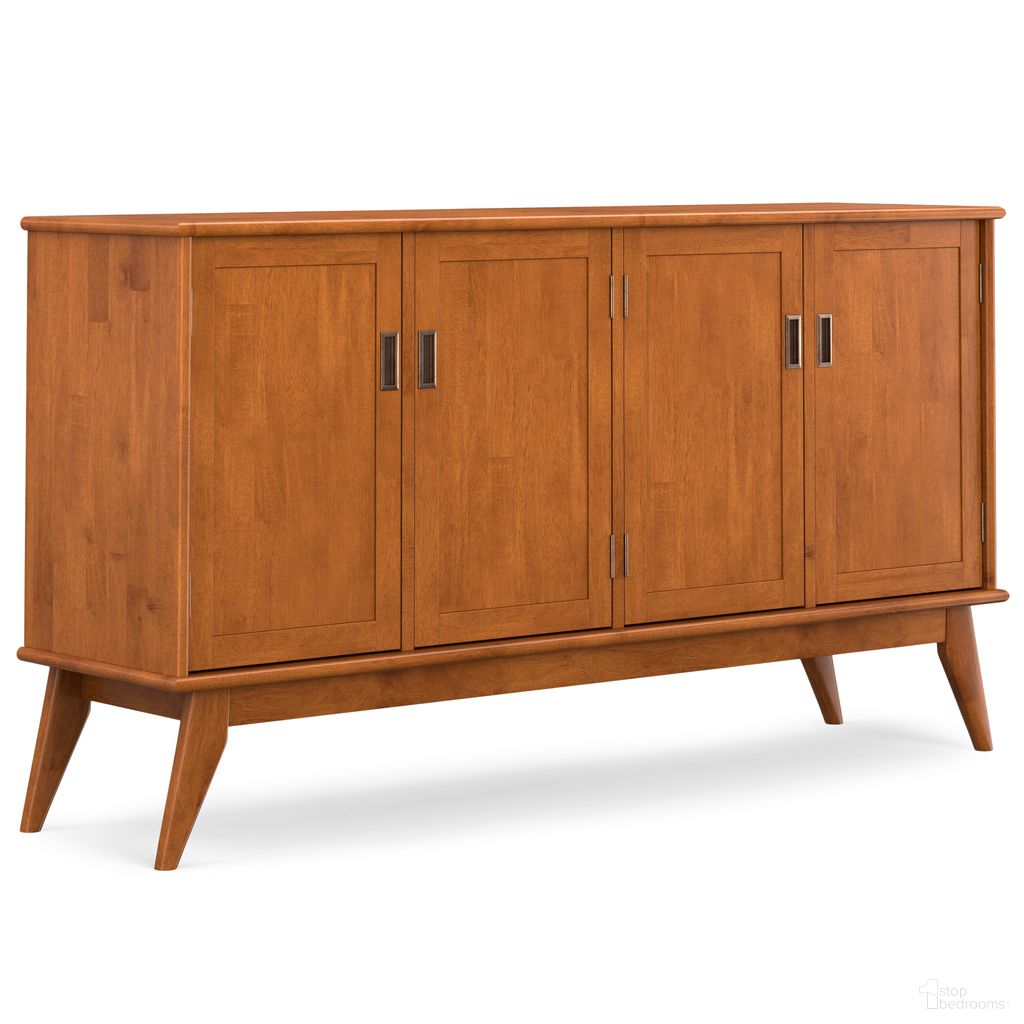 The appearance of Draper Solid Hardwood Mid Century 4 Door Sideboard Buffet In Teak Brown designed by Simpli Home in the transitional interior design. This teak brown piece of furniture was selected by 1StopBedrooms from Draper Collection to add a touch of cosiness and style into your home. Sku: AXCDRP-164D-TK. Material: Rubberwood.
