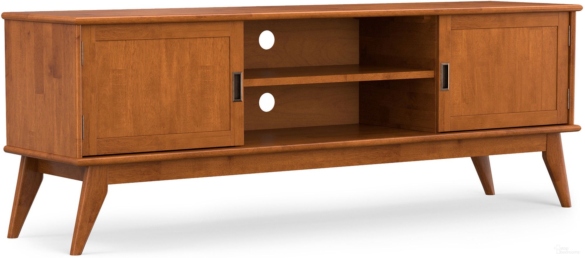 The appearance of Draper Solid Hardwood Mid Century 72 Inch TV Stand In Teak Brown designed by Simpli Home in the transitional interior design. This teak brown piece of furniture  was selected by 1StopBedrooms from Draper Collection to add a touch of cosiness and style into your home. Sku: AXCDRP-72-TK. Material: Rubberwood.