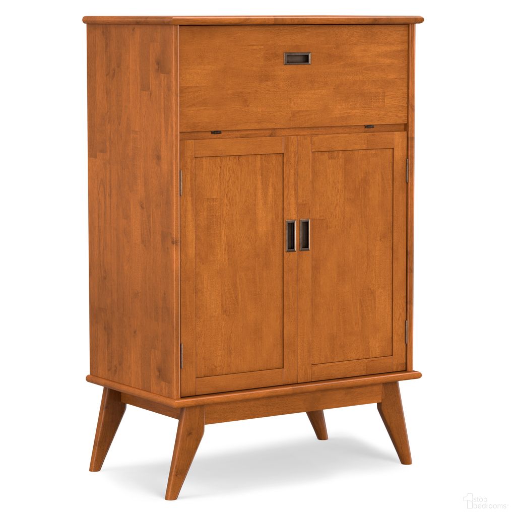 The appearance of Draper Solid Hardwood Mid Century Bar Cabinet In Teak Brown designed by Simpli Home in the transitional interior design. This teak brown piece of furniture  was selected by 1StopBedrooms from Draper Collection to add a touch of cosiness and style into your home. Sku: AXCDRP-74-TK. Material: Rubberwood.