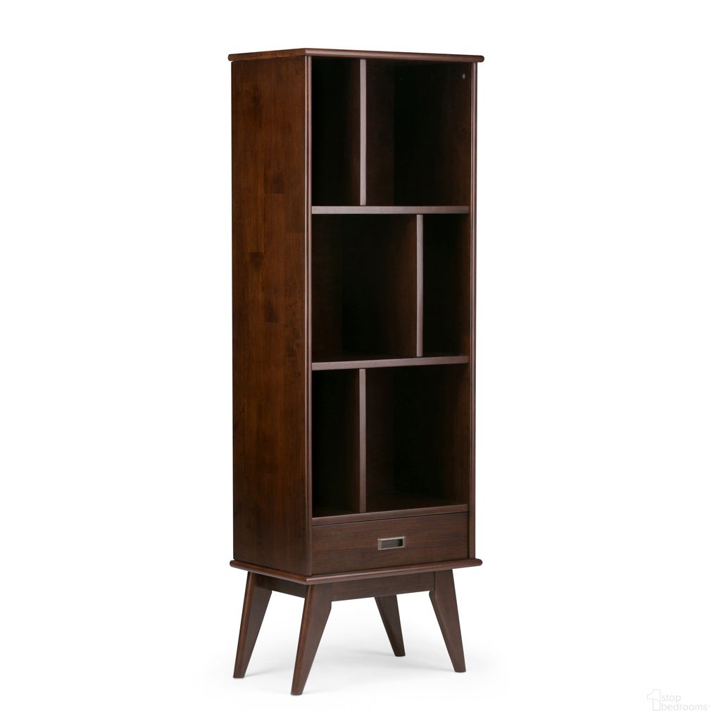 The appearance of Draper Solid Hardwood Mid Century Bookcase and Storage Unit In Medium Auburn Brown designed by Simpli Home in the transitional interior design. This medium auburn brown piece of furniture was selected by 1StopBedrooms from Draper Collection to add a touch of cosiness and style into your home. Sku: 3AXCDRP-12. Material: Rubberwood.