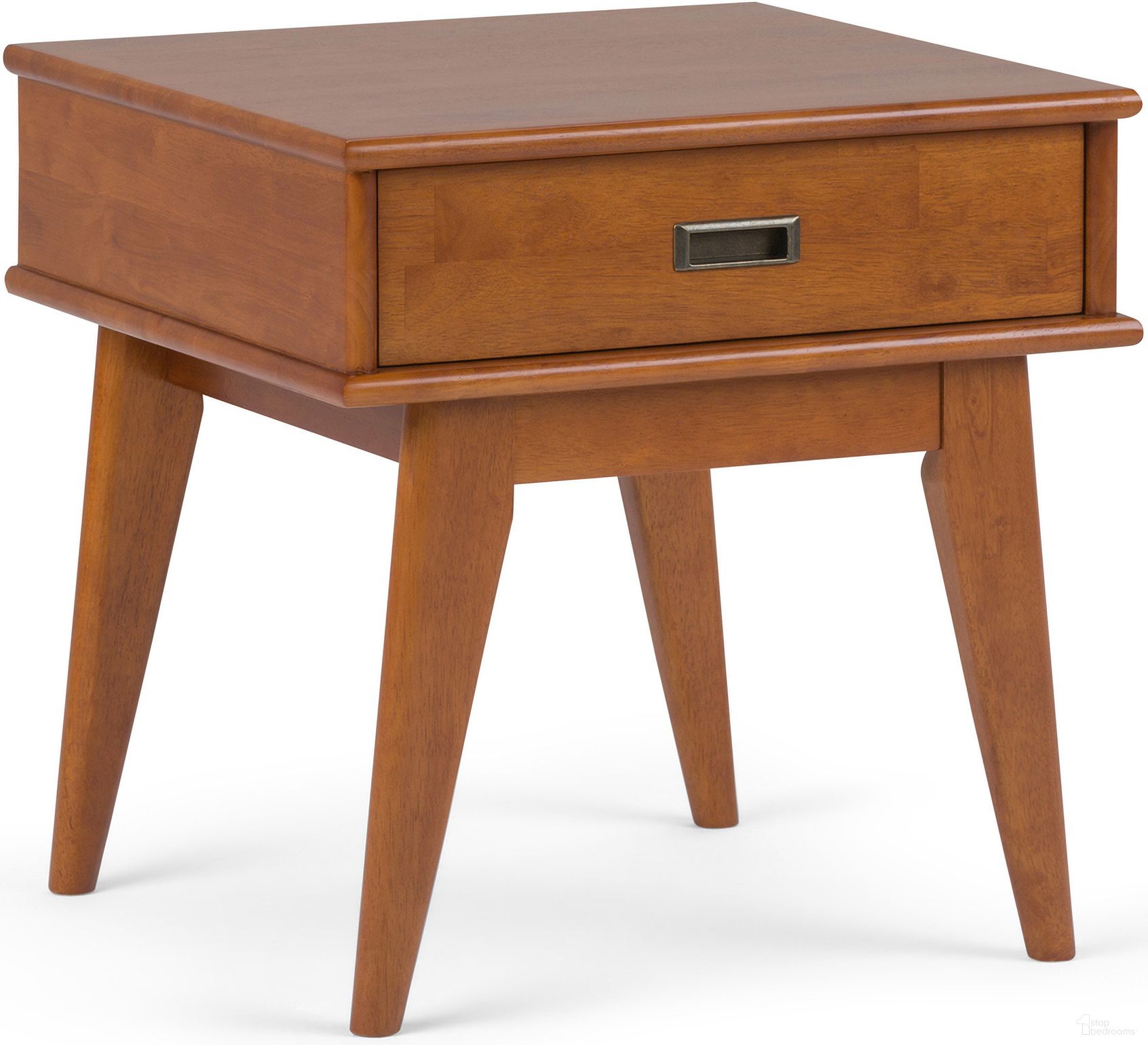 The appearance of Draper Solid Hardwood Mid Century End Table In Teak Brown designed by Simpli Home in the transitional interior design. This teak brown piece of furniture was selected by 1StopBedrooms from Draper Collection to add a touch of cosiness and style into your home. Sku: 3AXCDRP-02-TK. Material: Rubberwood.