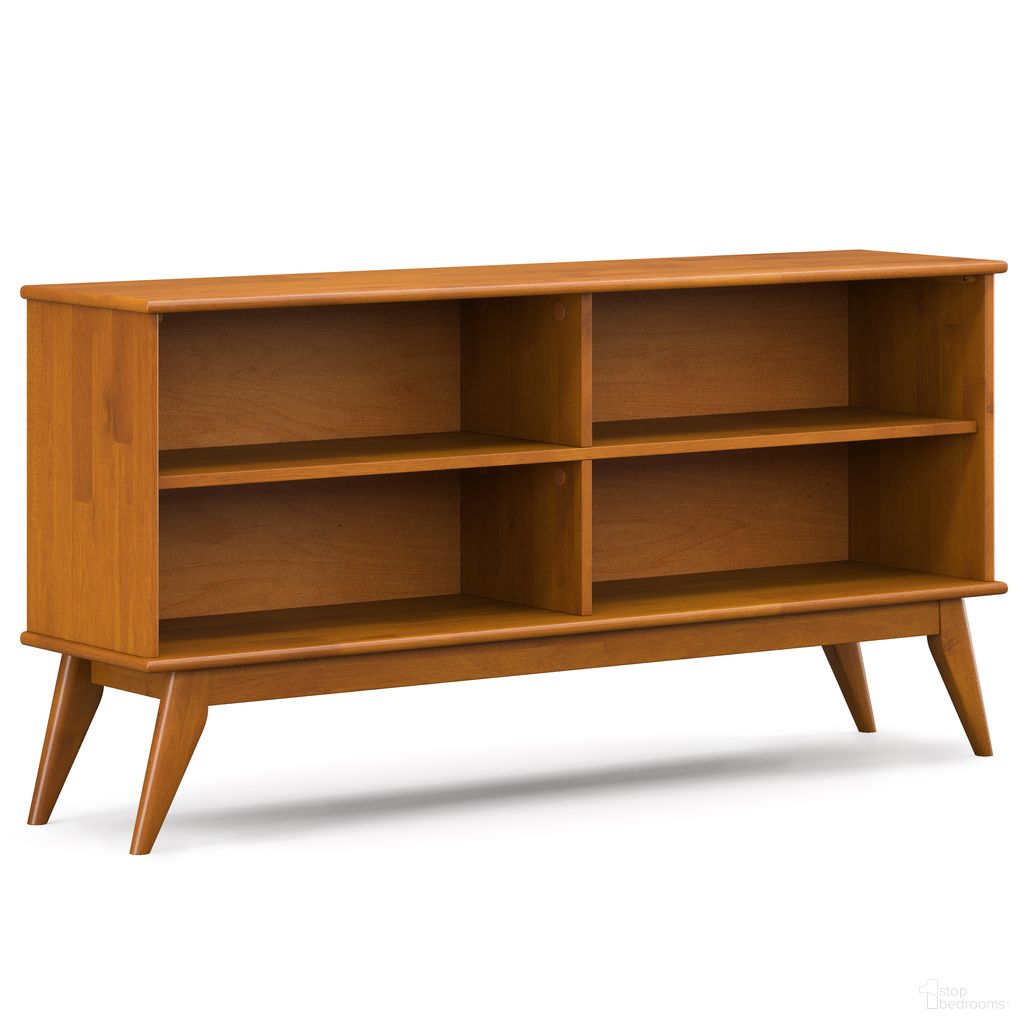 The appearance of Draper Solid Hardwood Mid Century Low Bookcase In Teak Brown designed by Simpli Home in the transitional interior design. This teak brown piece of furniture was selected by 1StopBedrooms from Draper Collection to add a touch of cosiness and style into your home. Sku: AXCDRP-56-TK. Material: Rubberwood.