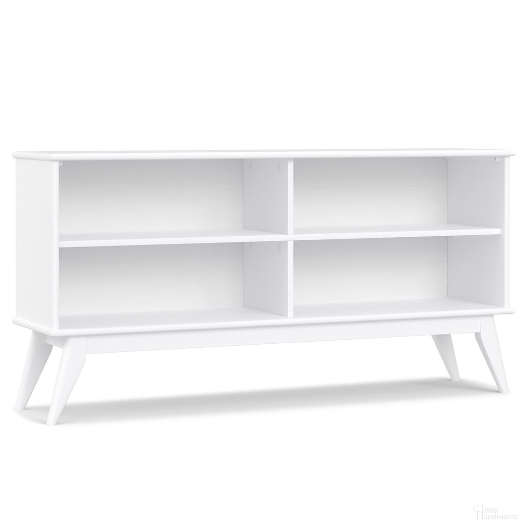The appearance of Draper Solid Hardwood Mid Century Low Bookcase In White designed by Simpli Home in the transitional interior design. This white piece of furniture was selected by 1StopBedrooms from Draper Collection to add a touch of cosiness and style into your home. Sku: AXCDRP-56-WH. Material: Rubberwood.
