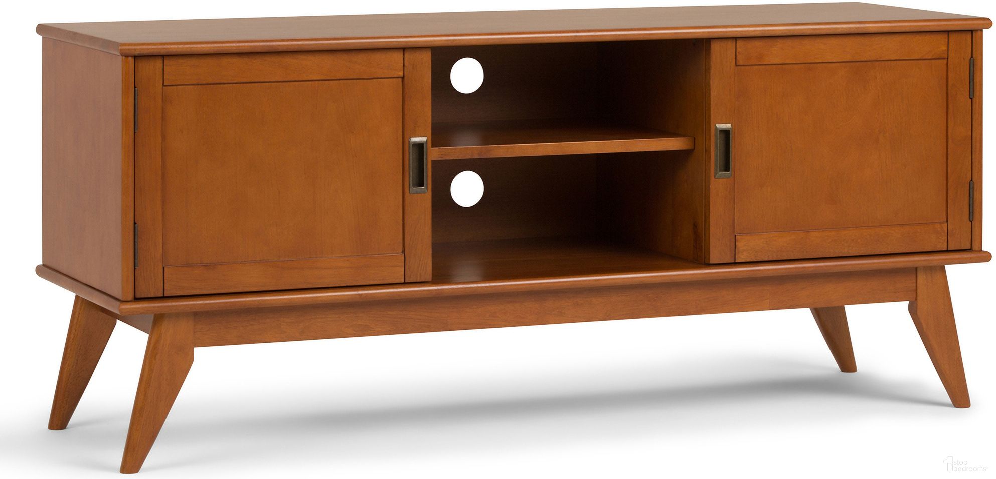 The appearance of Draper Solid Hardwood Mid Century Low TV Media Stand In Teak Brown designed by Simpli Home in the transitional interior design. This teak brown piece of furniture  was selected by 1StopBedrooms from Draper Collection to add a touch of cosiness and style into your home. Sku: 3AXCDRP-07-TK. Material: Rubberwood.