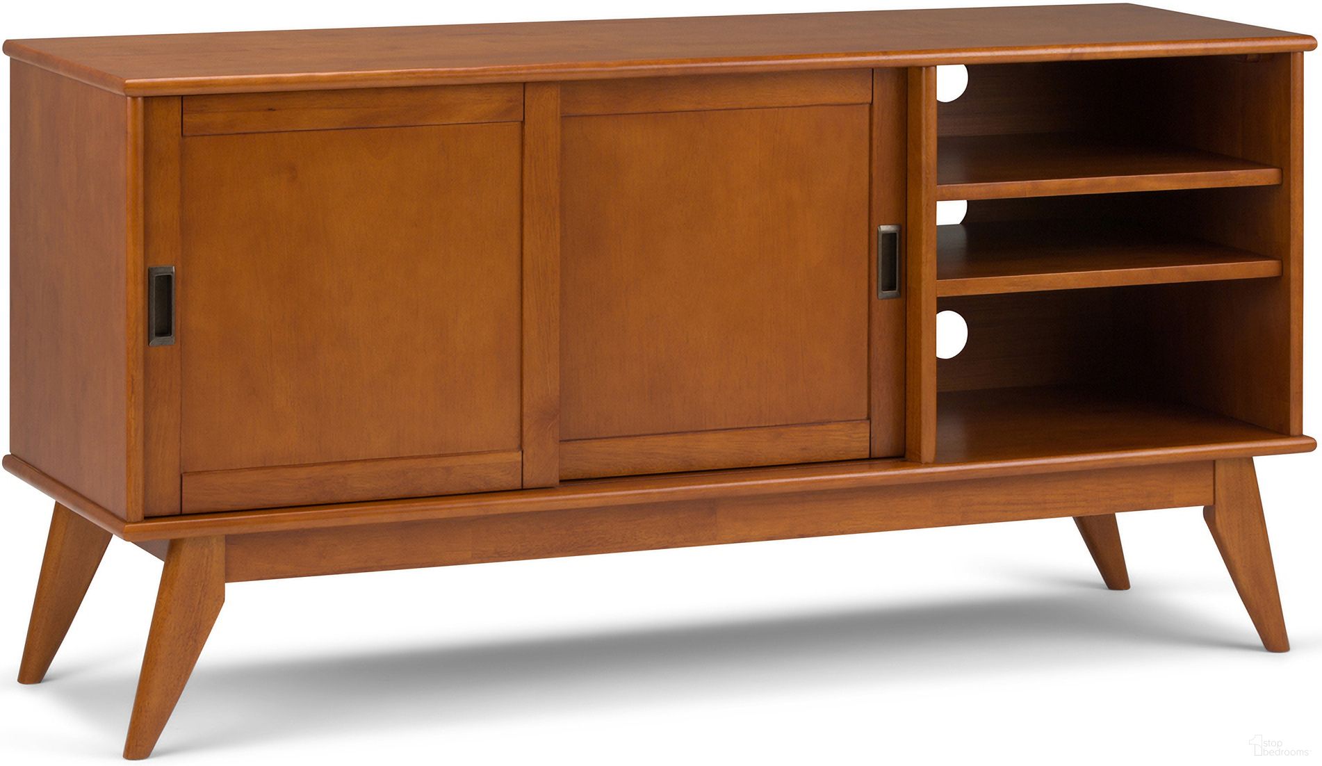 The appearance of Draper Solid Hardwood Mid Century Medium TV Media Stand In Teak Brown designed by Simpli Home in the transitional interior design. This teak brown piece of furniture  was selected by 1StopBedrooms from Draper Collection to add a touch of cosiness and style into your home. Sku: 3AXCDRP-08-TK. Material: Rubberwood.